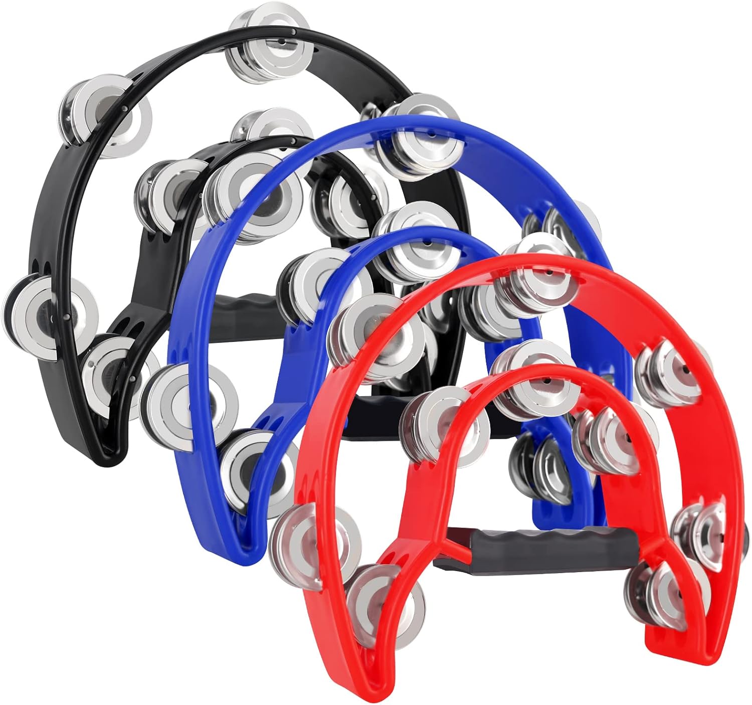 EASTROCK Tambourine 3 Pack Double Row Tambourine Metal Jingles Hand Held Percussion Half Moon Tambourine for Kids, Adults, KTV, Party (Black, Blue, Red