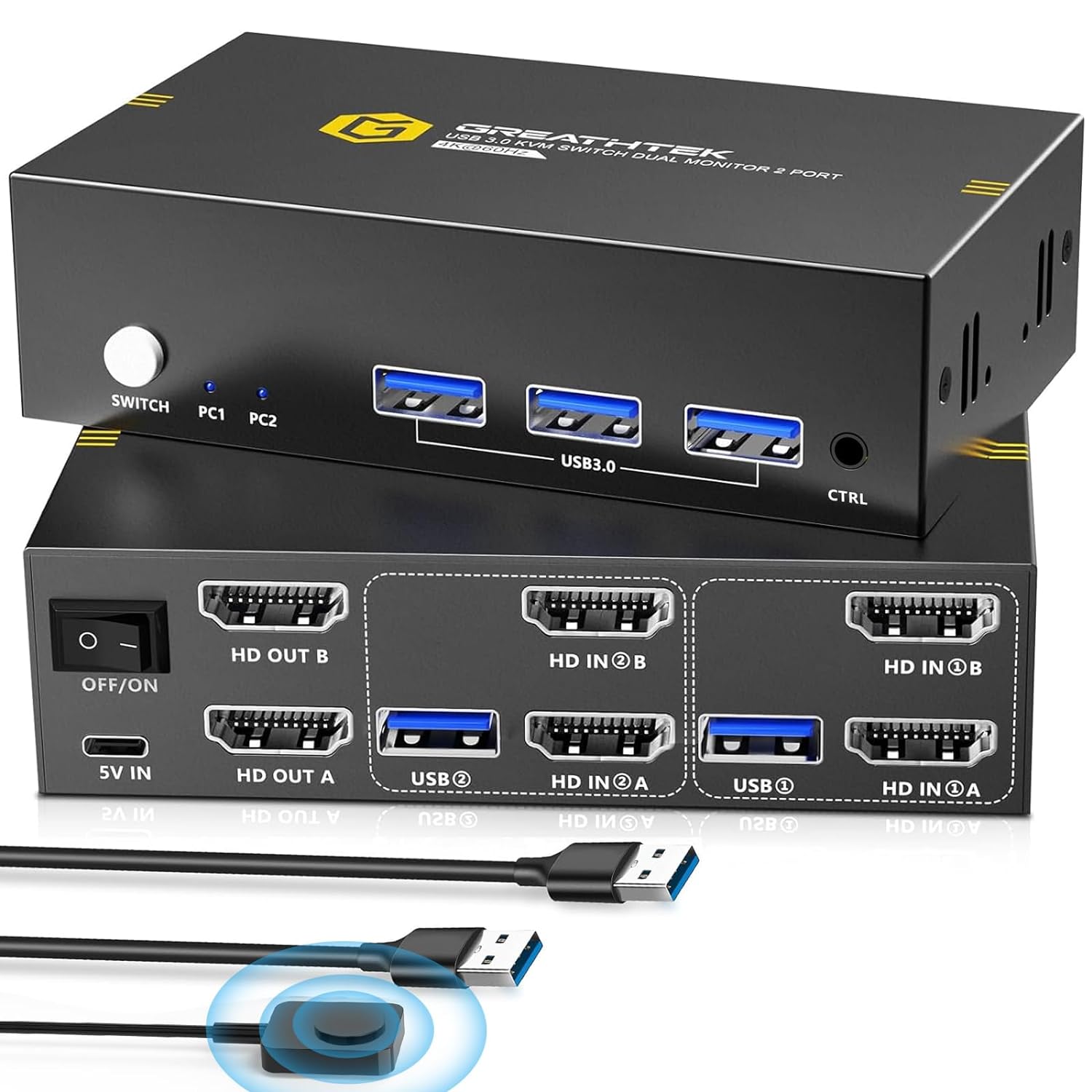 USB3.0 KVM Switch 2 Monitors 2 Computers HDMI 4K@60Hz for PCs Share USB Devices, Dual Monitor KVM Switch Support Wired Remote Control and Button Switch, Adaptive EDID