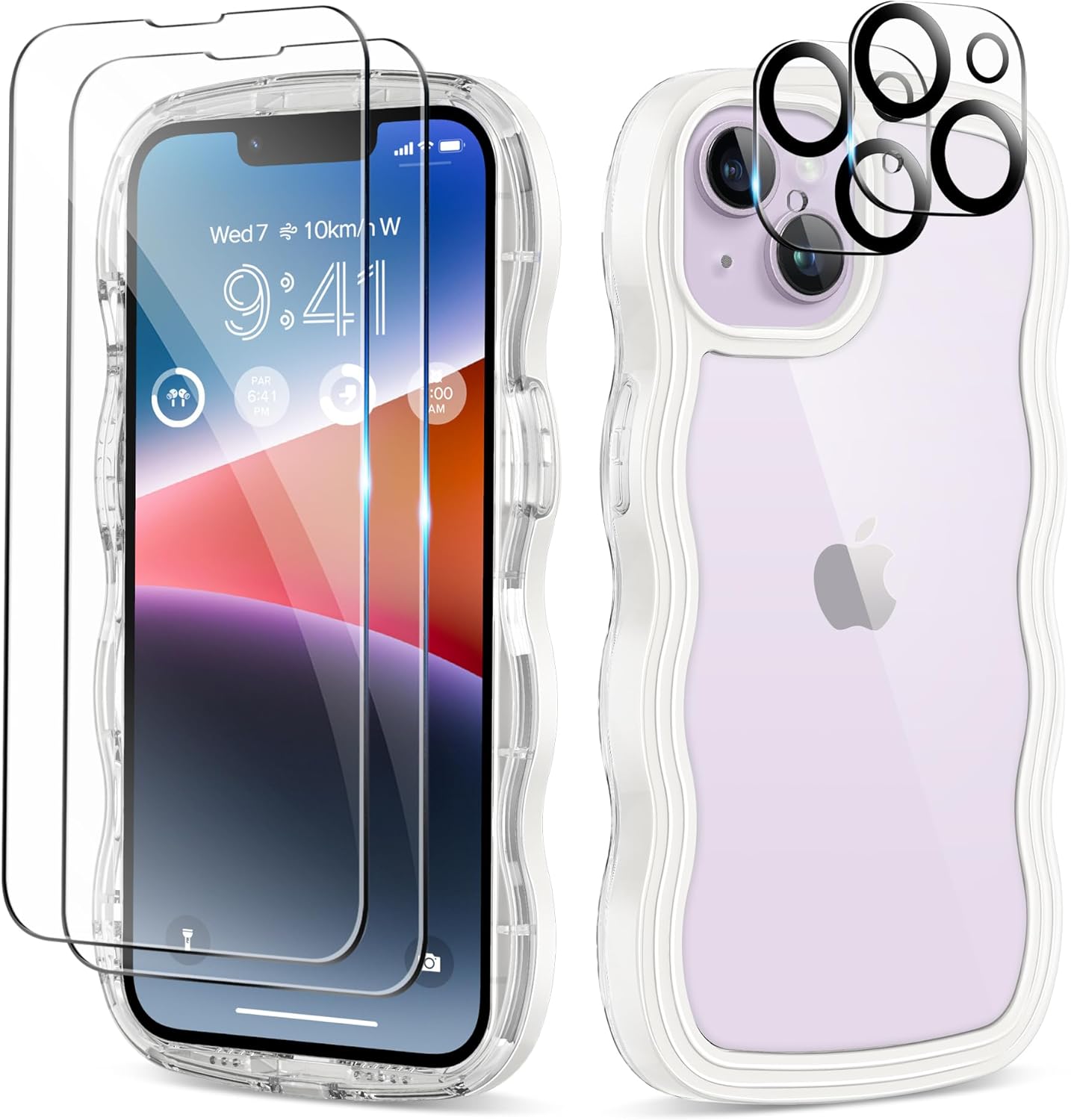 for iPhone 14 Case 6.1 Inch, with 2X Screen Protector + 2X Camera Lens Protector, Clear Wave Curved Design Soft TPU + Hard Frame Shockproof Protective Phone Case Cover for Women, White