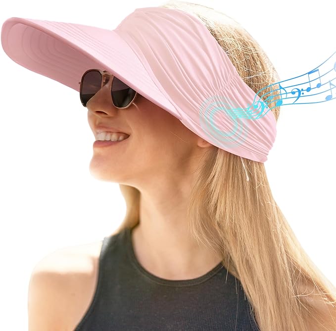 MUSICOZY Sun Visor Hats with Bluetooth Headphones Beach Hats Visor Hats for Women UV Protection for Sports Golf Tennis Running Pink