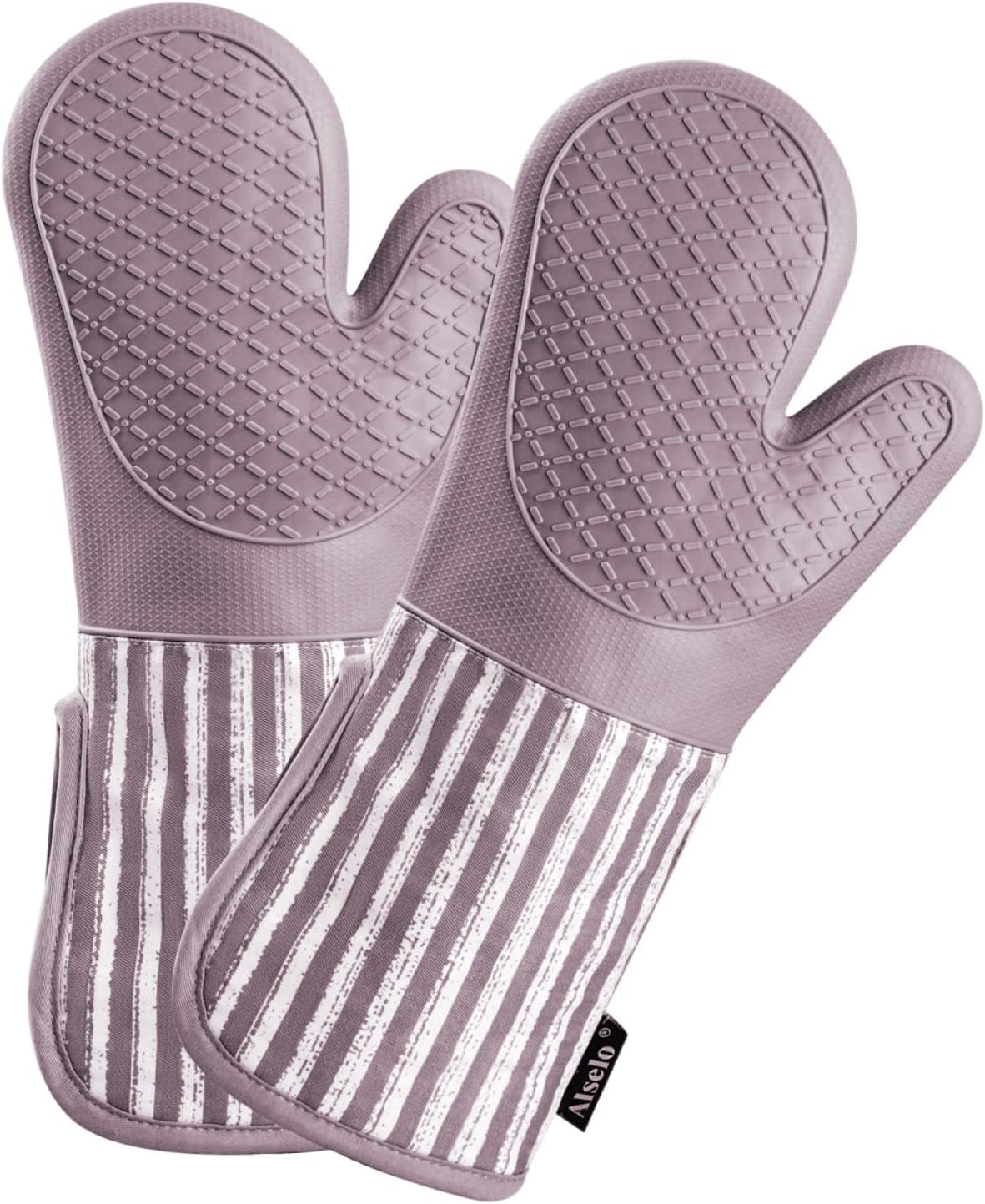 Silicone Oven Mitts Heat Resistant 932 with Waterproof & Non-Slip Kitchen Mittens, Set of 2 Extra Long Oven Gloves with Soft Cotton Terry Lining for Baking Cooking Barbecue(2, Purple Mitts)