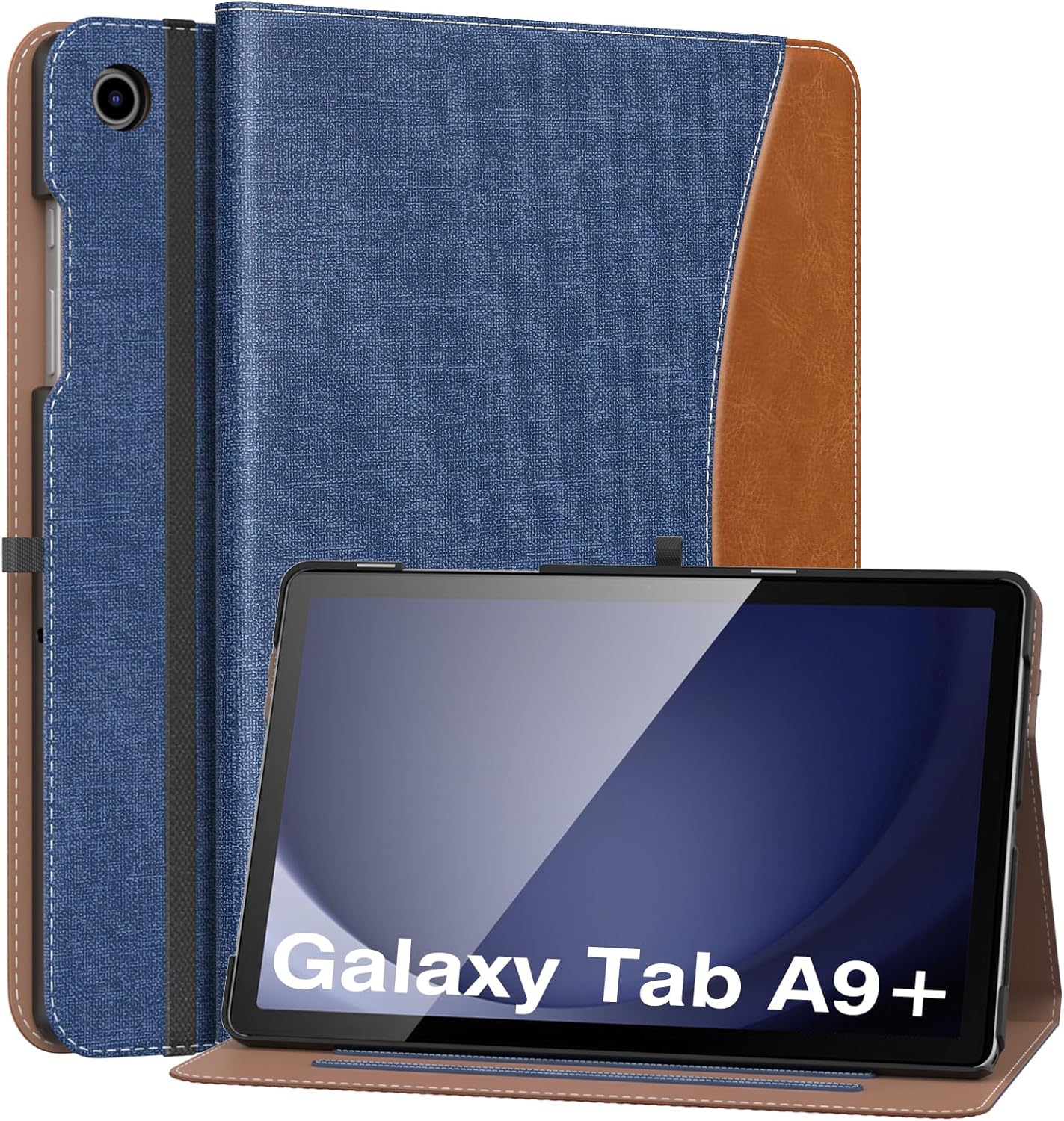 MoKo Case for Samsung Galaxy Tab A9 Plus 11" 2023 (SM-X210/SM-X216/SM-X218), PU Leather Multi-Angle Viewing Folding Stand Cover Case with Hand Strap, Front Pocket, Auto Wake/Sleep, Denim Blue & Brown