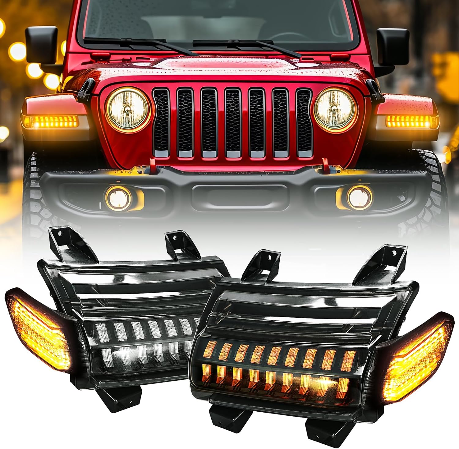 New Upgrade Smoke Lens LED Fender Light Kit for JL, LED Turn Signal Lights with DRL & Side Marker Lights Replacement for Jeep Wrangler JL 2018-2023