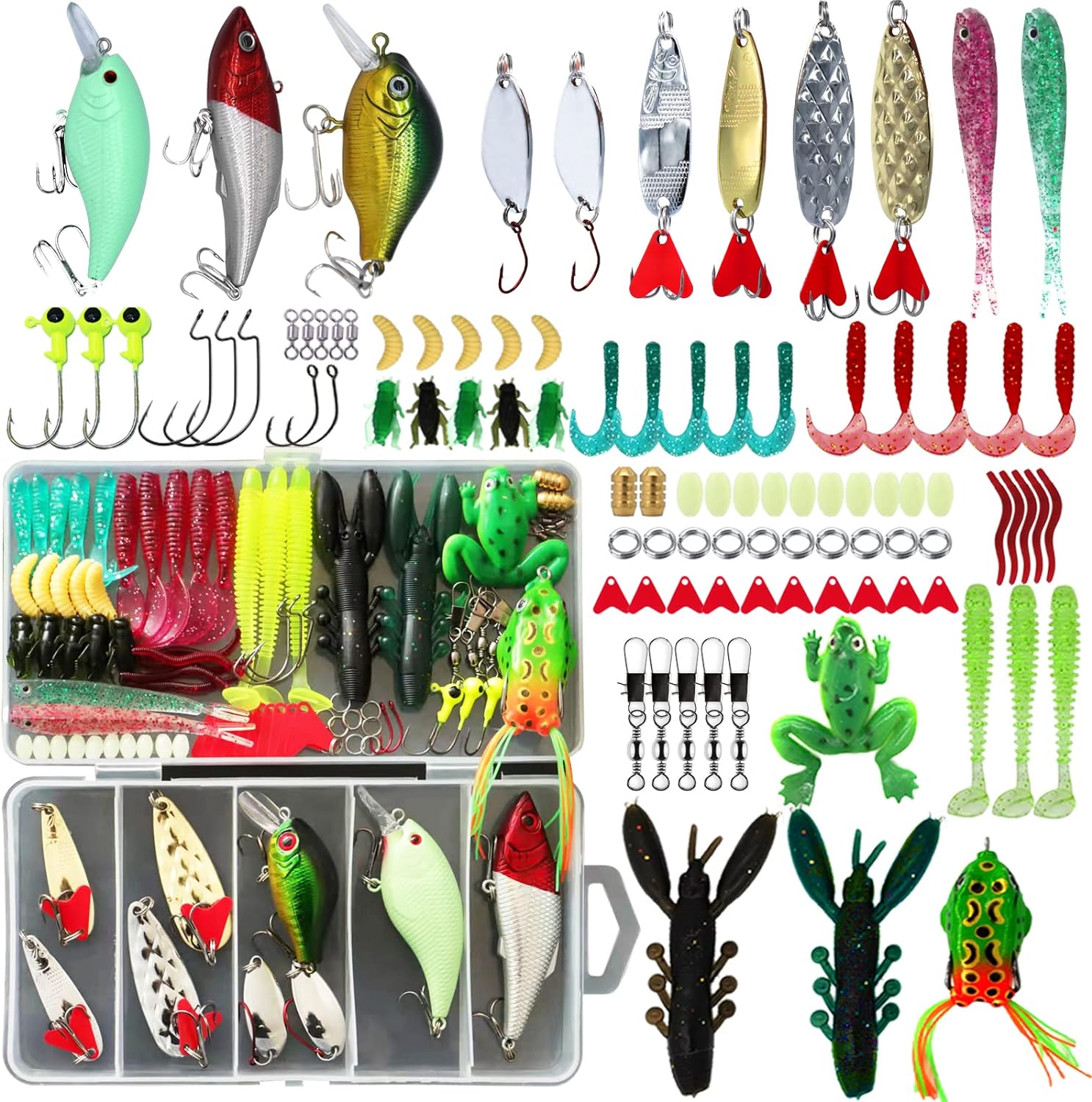 LASOCUHOO Fishing Lures Kit, (94Pcs) Spoon Lures, Soft Plastic Worms, Frog Lures, Bait Tackle Kit for Bass, Trout, Salmon for Freshwater and Saltwater