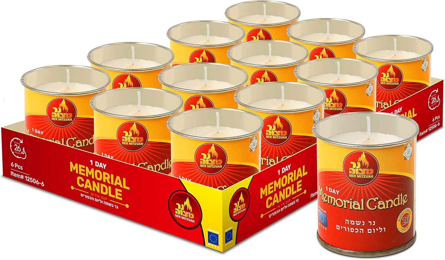 Ner Mitzvah 1 Day Yartzeit Candle - 12 Pack - 24 Hour Kosher Yahrtzeit Memorial and Yom Kippur Candle in Tin Cup Holder