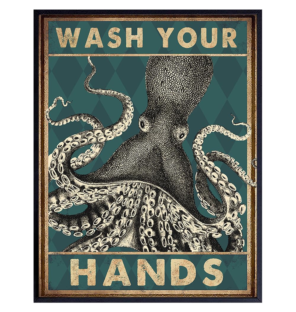 nautical Bathroom Wall Art 11x14 - Beach Coastal Octopus Bathroom Decor - Wash Your Hands Sign - Funny Bathroom Decorations - Small Bathroom Wall Decor - Cute Restroom Pictures - Powder Room Poster