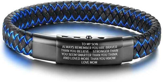 MEALGUET to My Son Inspirational Bracelet Gift from Mom Dad Always Remember You are Braver 2-Tone Braided Leather Bracelet for Teen Boy from Mother in Law Stepmom, Adjustable,to Son Gifts