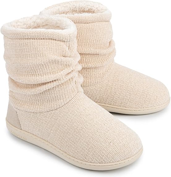 LongBay Women' Chenille Knit Bootie Slippers Cute Plush Fleece Memory Foam House Shoes