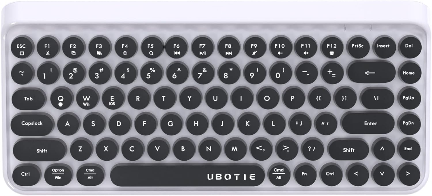 UBOTIE Portable Bluetooth Colorful Computer Keyboards, Wireless Mini Compact Retro Typewriter Flexible 84Keys Design Keyboard (Black-White)