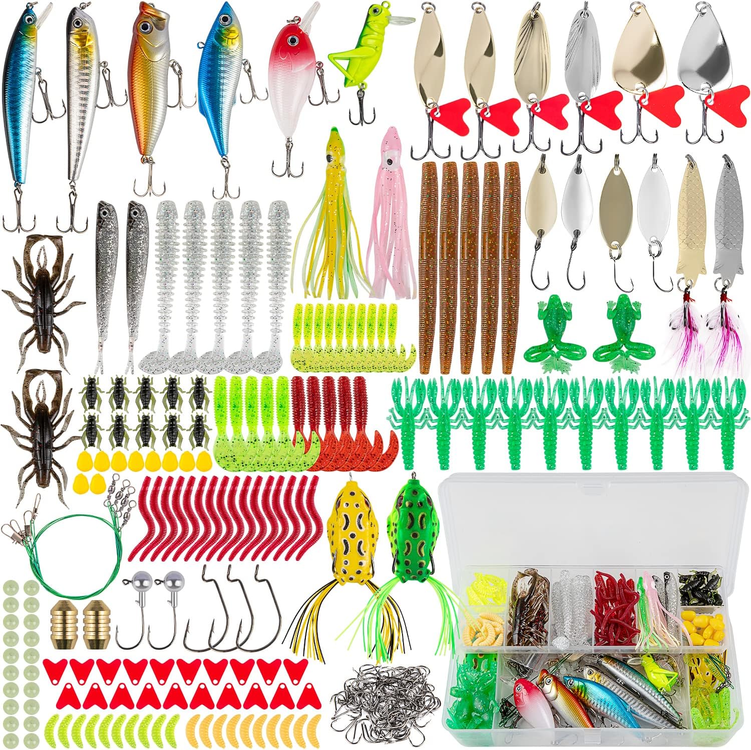 GOANDO Fishing Lures Kit for Freshwater Bait Tackle Kit for Bass Trout Salmon Fishing Accessories Tackle Box Including Spoon Lures Soft Plastic Worms Crankbait Jigs Fishing Hooks