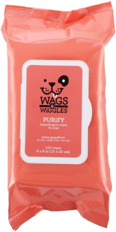 Wags & Wiggles Purify Hypoallergenic Wipes for Dogs | Gently Clean & Condition Your Dog's Coat Without A Bath | Zesty Grapefruit Scent Your Dog Will Love, 100 Count