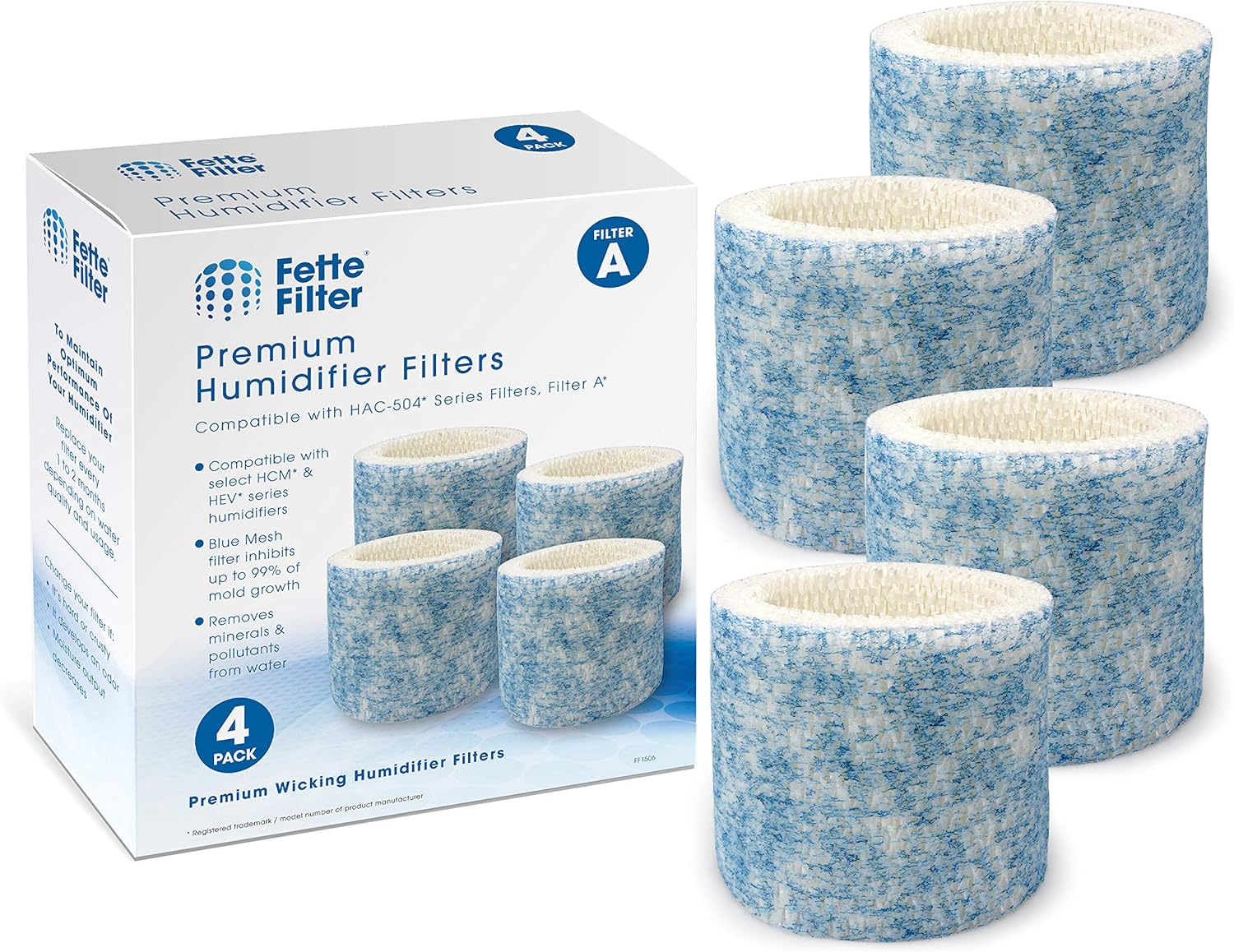 Fette Filter - Upgraded Blue Mesh Treated Layer Humidifier Wicking Filters Compatible with Honeywell HAC-504AW, Filter A for Models HAC-504, HAC-504AW, HCM 350 and Other Cool Mist Models - Pack of 4