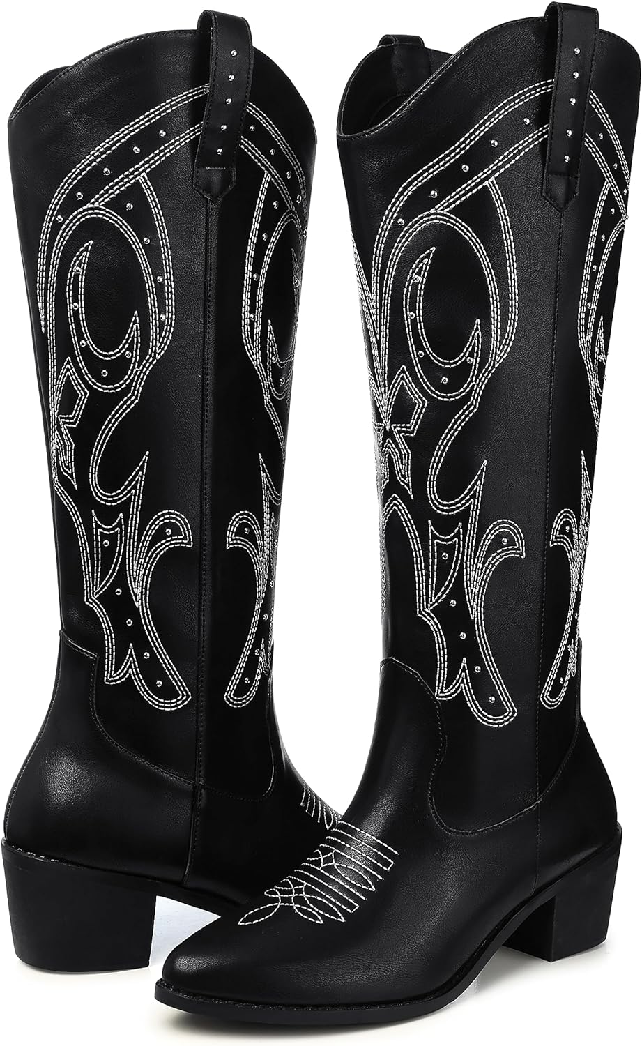 SHIBEVER Leather Cowgirl Boots for Women: Knee High Cowboy Black Low Heel Size 7 Tall Pointed Toe Western Embroidery Boot