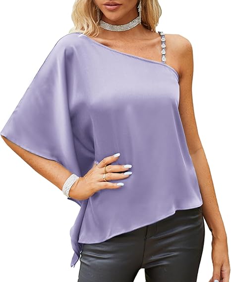 GRACE KARIN 2023 Women' Summer Satin One Shoulder Tops 3/4 Bell Sleeve Rhinestone Strap Asymmetrical Blouse Shirt