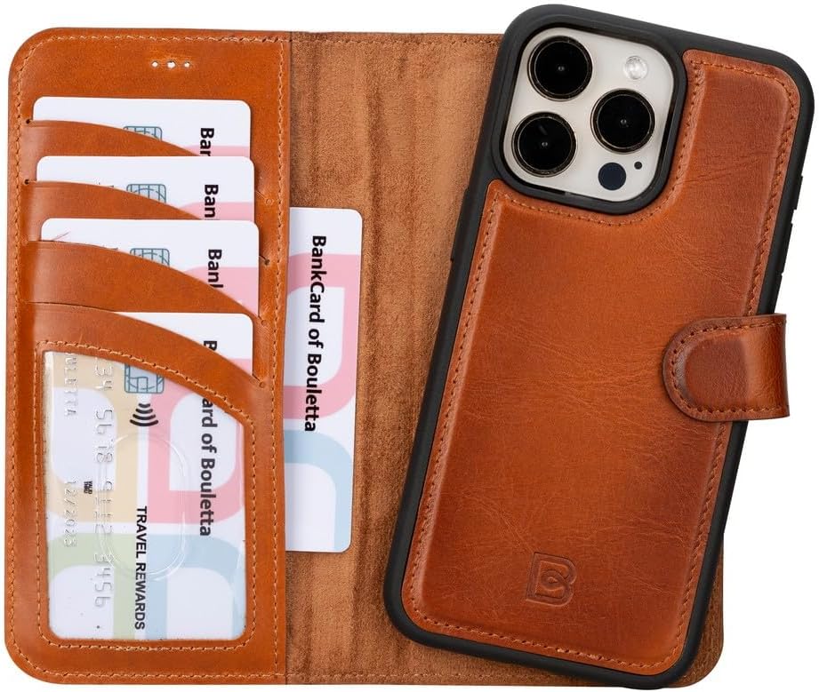 BOULETTA Wallet Case for iPhone 15 Pro Max Full Grain Leather Wallet, Detachable Magnetic Flip Cover, Card Holder, iPhone 15 Pro Max Wallet Case MagSafe Compatible RFID Blocking 6.7 inch, Tan Brown