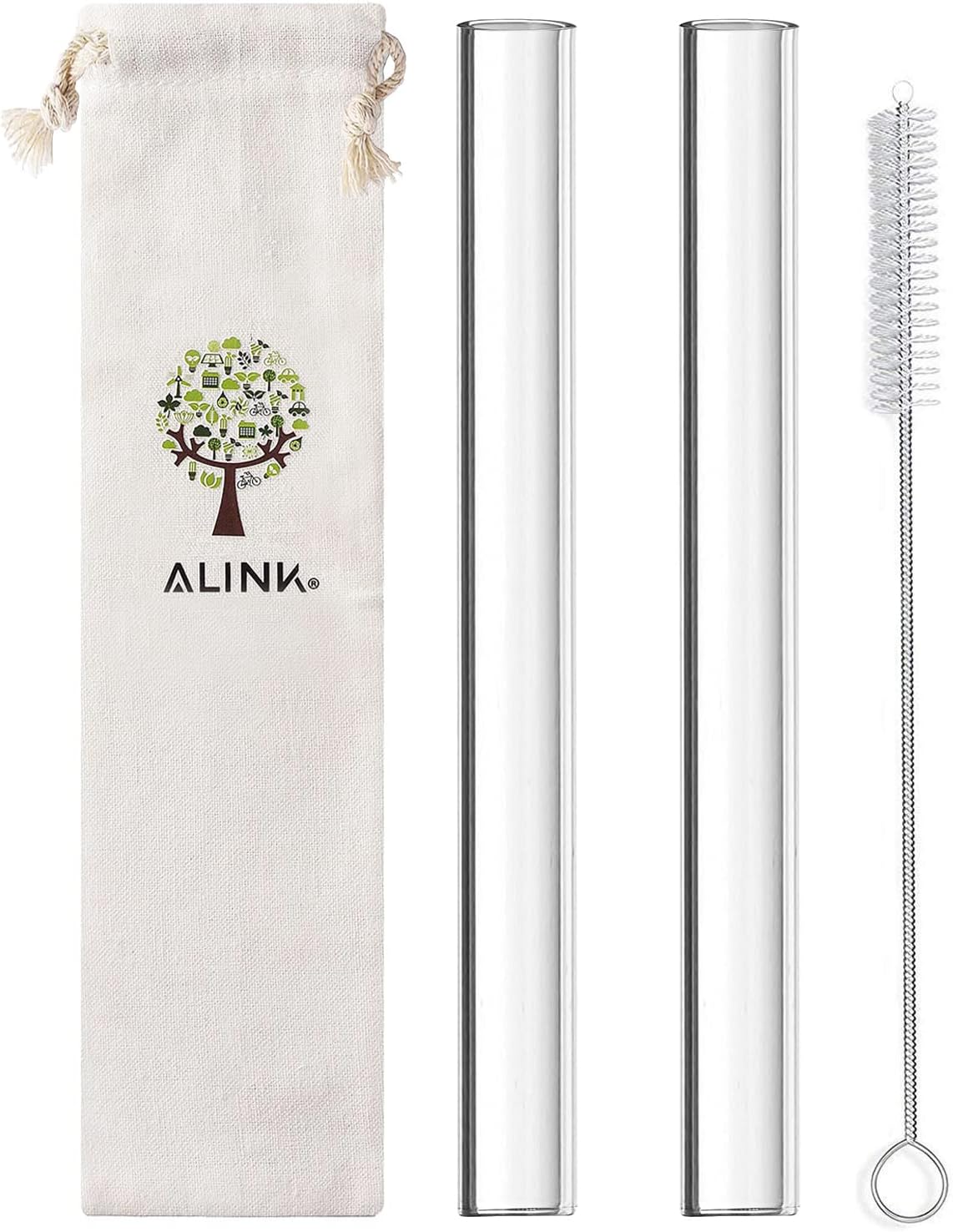 ALINK Glass Boba Straws, 14 mm x 9 inch Reusable Jumbo Clear Bubble Tea Straws for Smoothie, Tapioca Poping Pearls, Shakes, Pack 2 with Cleaning Brush and Case