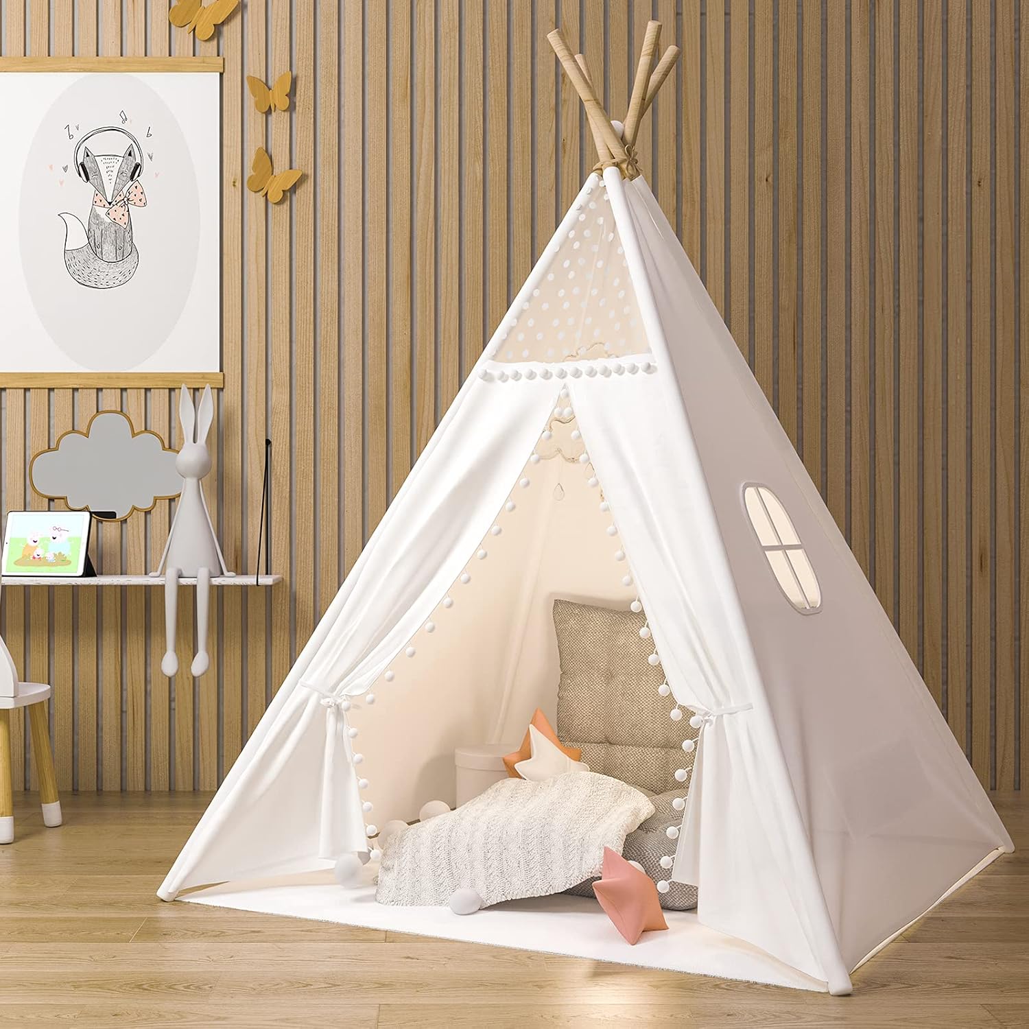 Gamenote Teepee Tent for Kids Indoor Tents with Mat, Inner Pocket, Unique Reinforcement Part - Foldable Play Tent Canvas Tipi Childrens Tents for Girls & Boys (White) (Teepee4)