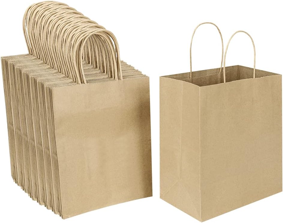 100 Pack 8x4.75x10 Inch Medium Plain Natural Paper Bags with Handles Bulk, Oikss Kraft Bags for Birthday Party Favors Grocery Retail Shopping Business Goody Craft Gift Bags Sacks (Brown 100 PCS Count)