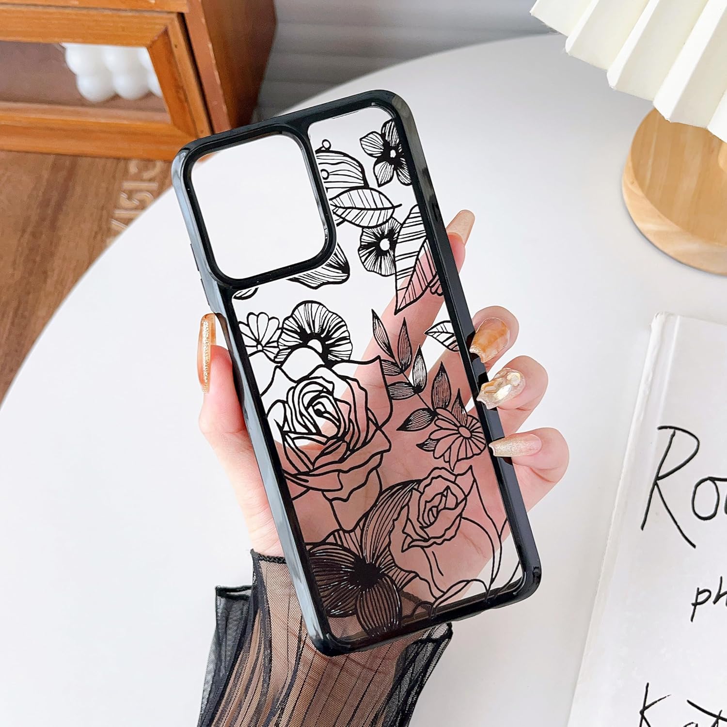 XIZYO for Motorola Moto G Stylus 2023 Case, Cute Phone Case Floral Rose Aesthetic Flower Clear Case for Women Girls Slim Pattern Anti-Yellow Shockproof Protective TPU Bumper Case, Black