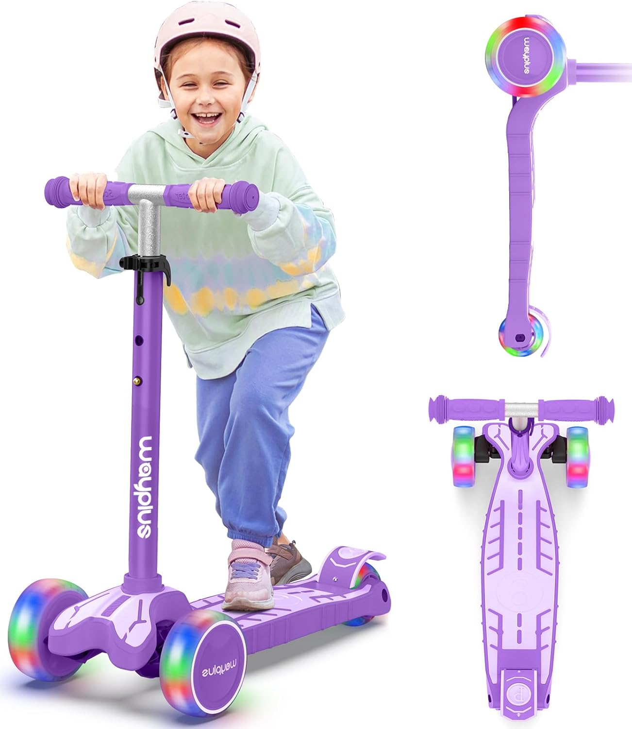 WAYPLUS 3 Wheel Scooter for Kids Ages 3+, 25mm Extra Thick Deck & Light Up Wheels for Kids Ages 3-5, 5-7. 4 Levels Adjustable Heights, Three Wheel Scooter for Kids Ages 8-12, Max Load 180LBS