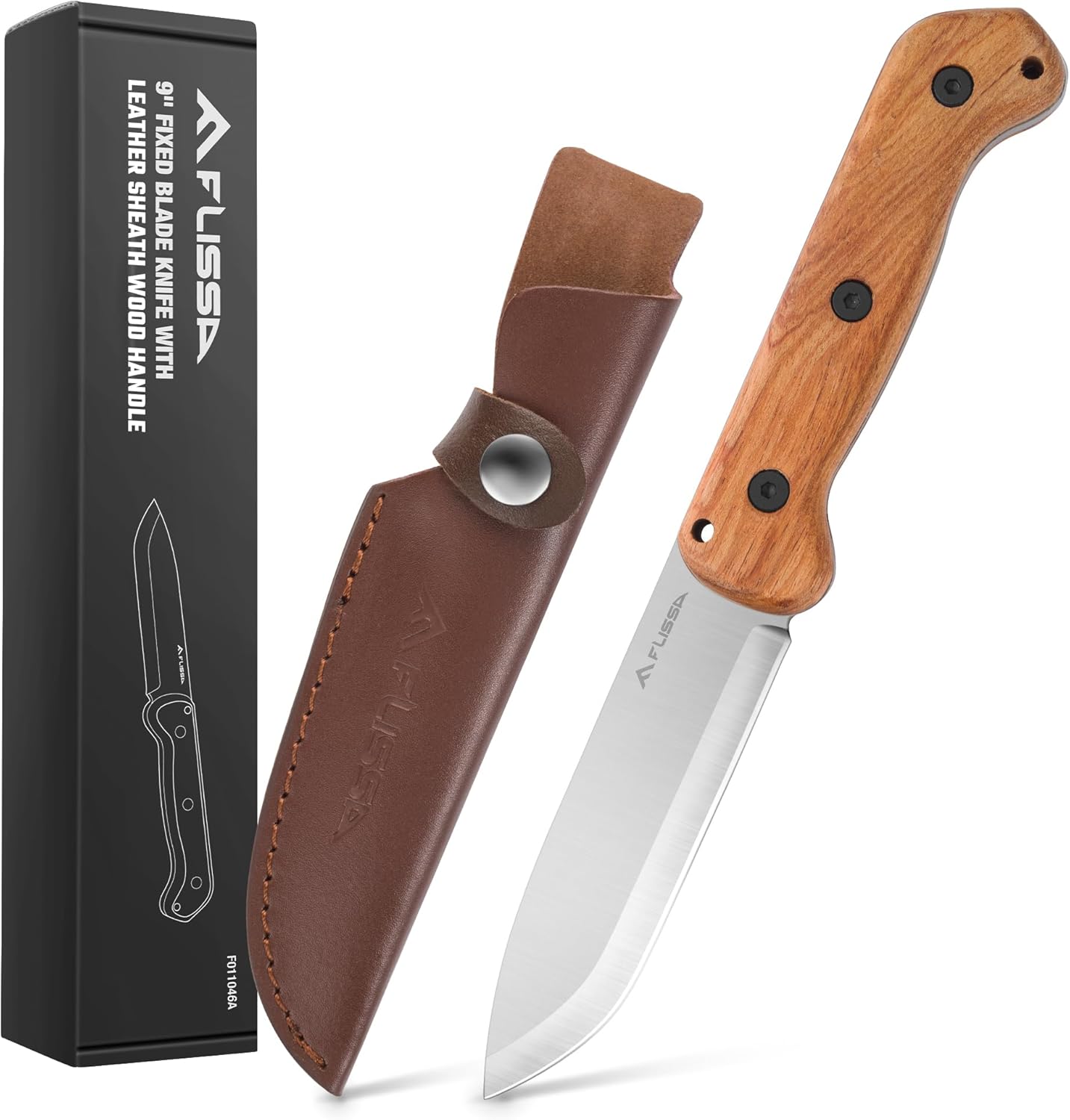 FLISSA 9 Fixed Blade Knife, D2 Steel Hunting Knife for Camping, Outdoor, Bushcraft and Survival, Wood Handle, Leather Sheath Included, Gifts for Husband, Father, Friend