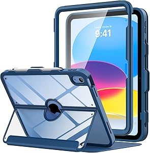 MoKo for iPad 10th Generation Case with Pencil Holder, iPad Case 10th Generation 2022 10.9, Built-in Screen Protector Clear Back, Stain Resistant Multi Angle Viewing Stand, Auto Wake/Sleep, Navy Blue