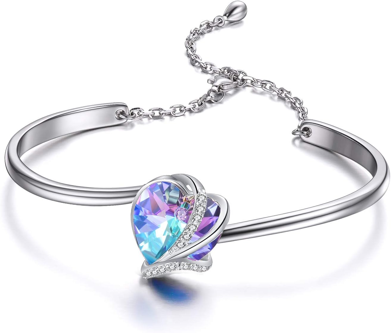 AOBOCO I Love You Jewelry - Sterling Silver Blue Purple Love Heart Bangle Bracelet Embellished with Crystals from Austria, Fine Anniversary Birthday Jewelry Gifts for Women