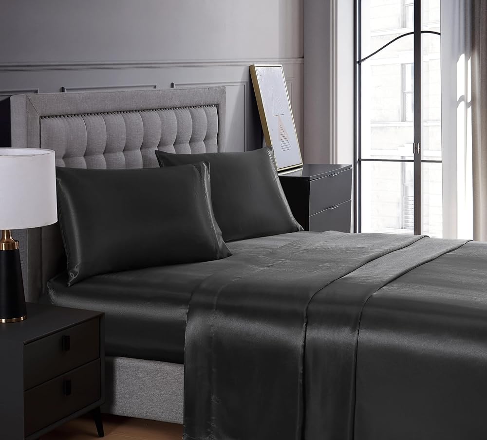 Beatrice Home Fashions 100% Luxury Satin Polyester Solid Sheet Set, Queen, Black