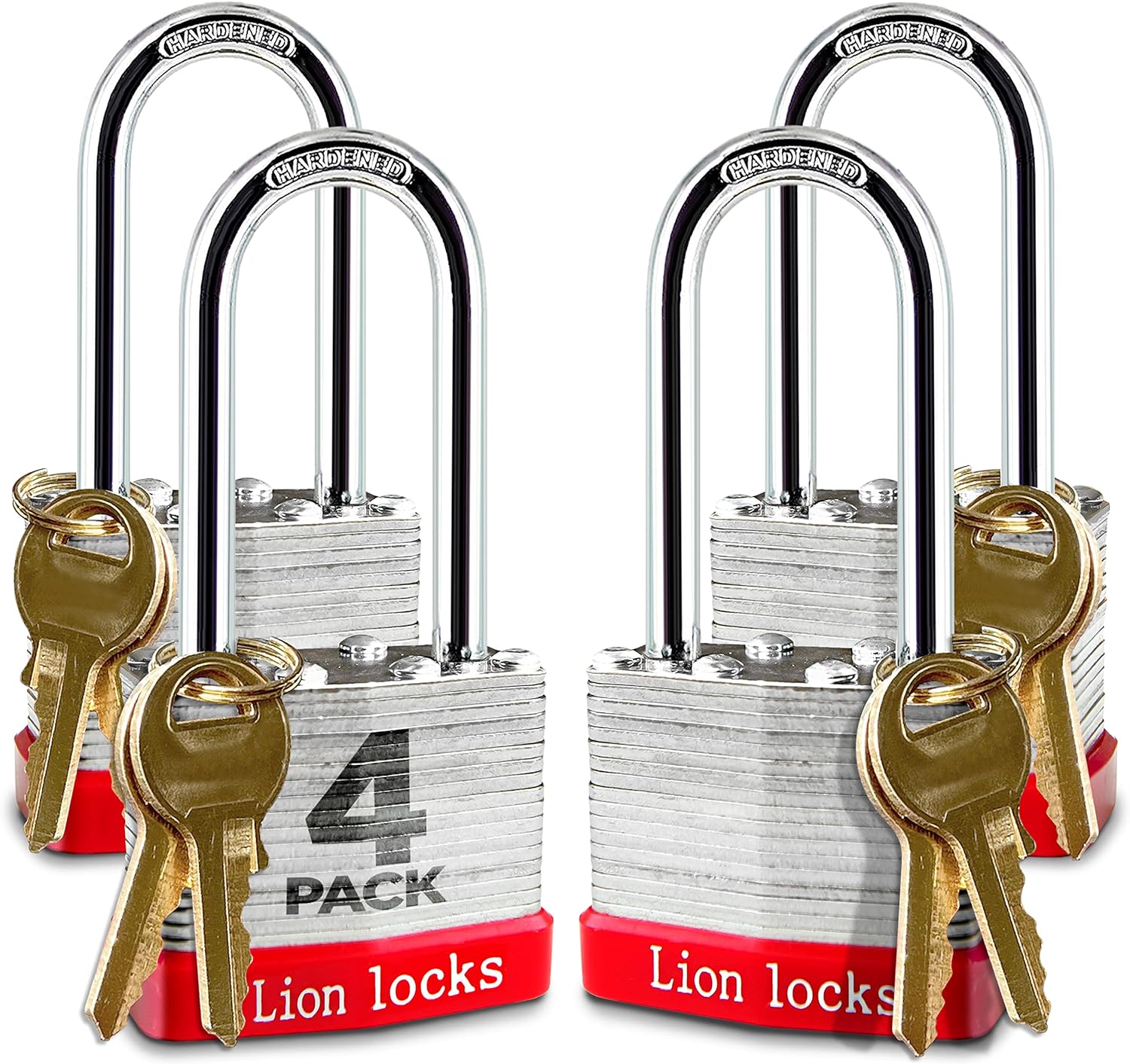 4 Keyed-Alike Padlocks w/ 2 Long Shackle, 8 Keys, Hardened Steel Pad Lock, Pick Resistant Brass Pin Cylinder (Pack of 4)