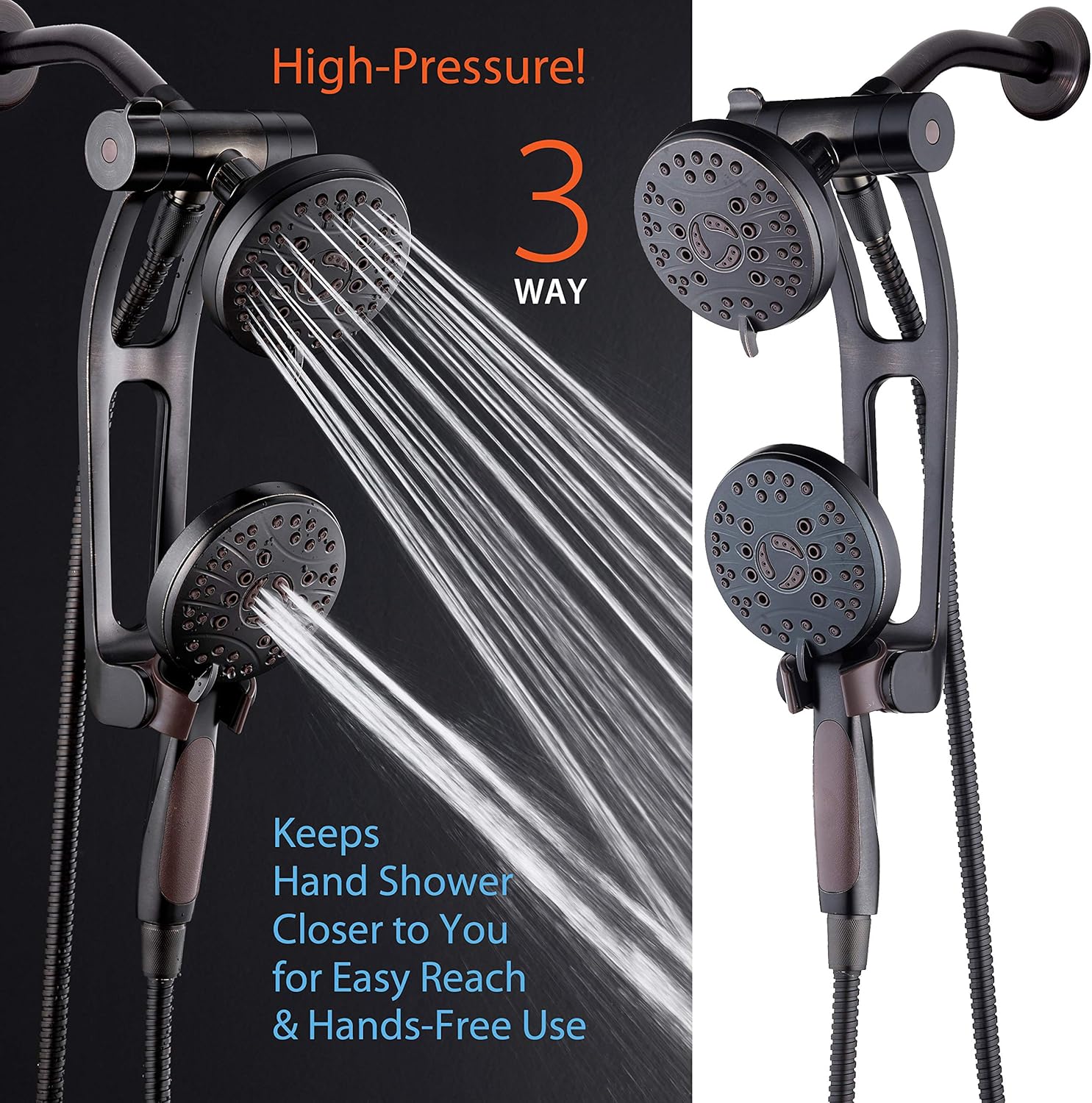 High Pressure 48-mode Luxury 3-way Combo with Adjustable Extension Arm  Dual Rain & Handheld Shower Head  Extra Long 6 Foot Stainless Steel Hose  All Oil Rubbed Bronze Finish  Top US Brand