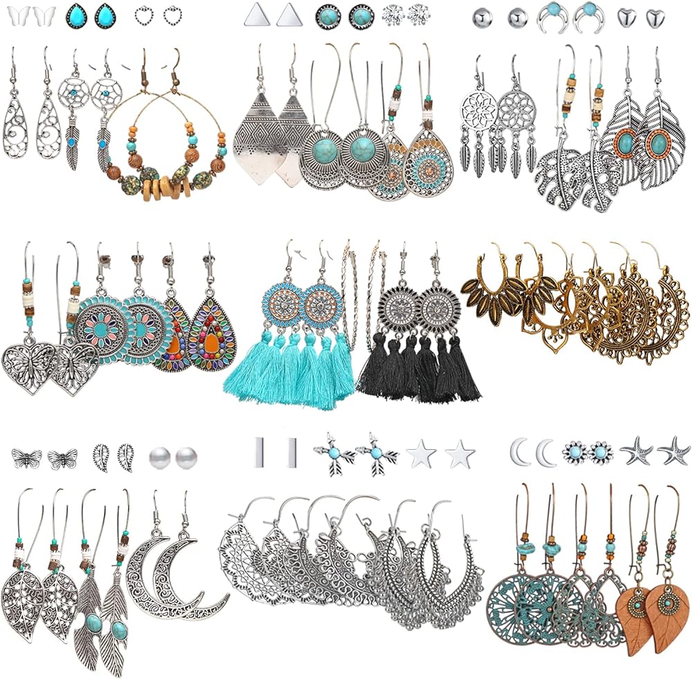 45 Pairs Fashion Hollow Drop Dangle Earrings Set for Women Girls Bohemian National Style Eardrop with Bronze Waterdrop Leaf Feather Shaped Vintage Jewelry for Gifts