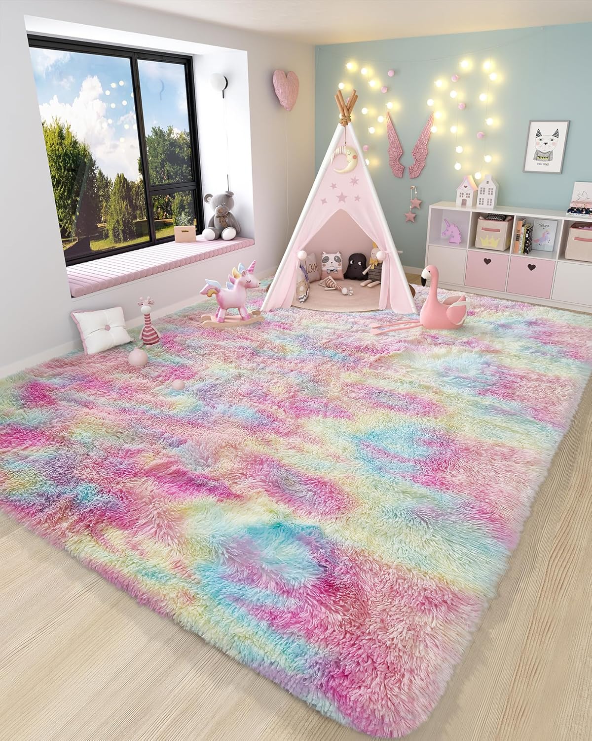 Ophanie Rainbow Colorful Rugs for Living Room 5x8, Unicorn Fluffy Shag Fuzzy Plush Soft Carpets, Floor Shaggy Area Rugs for Bedroom, Carpet for Kids Girls Dorm Nursery Home Decor Aesthetic