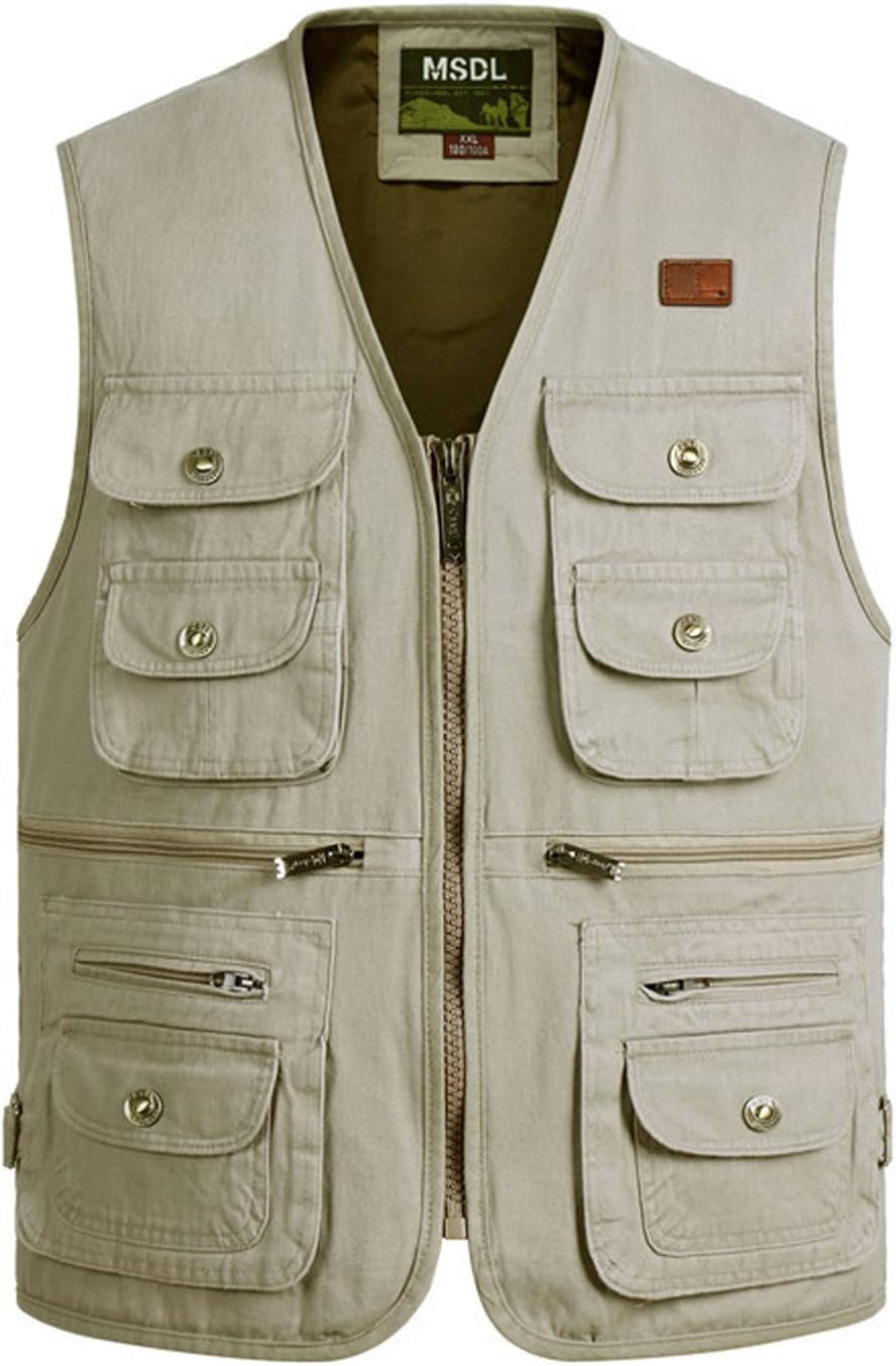 Flygo Men' 100% Cotton Outdoor Multiple Pockets Safari Fishing Journalist Vest Waistcoat (Small, Creamy-white)