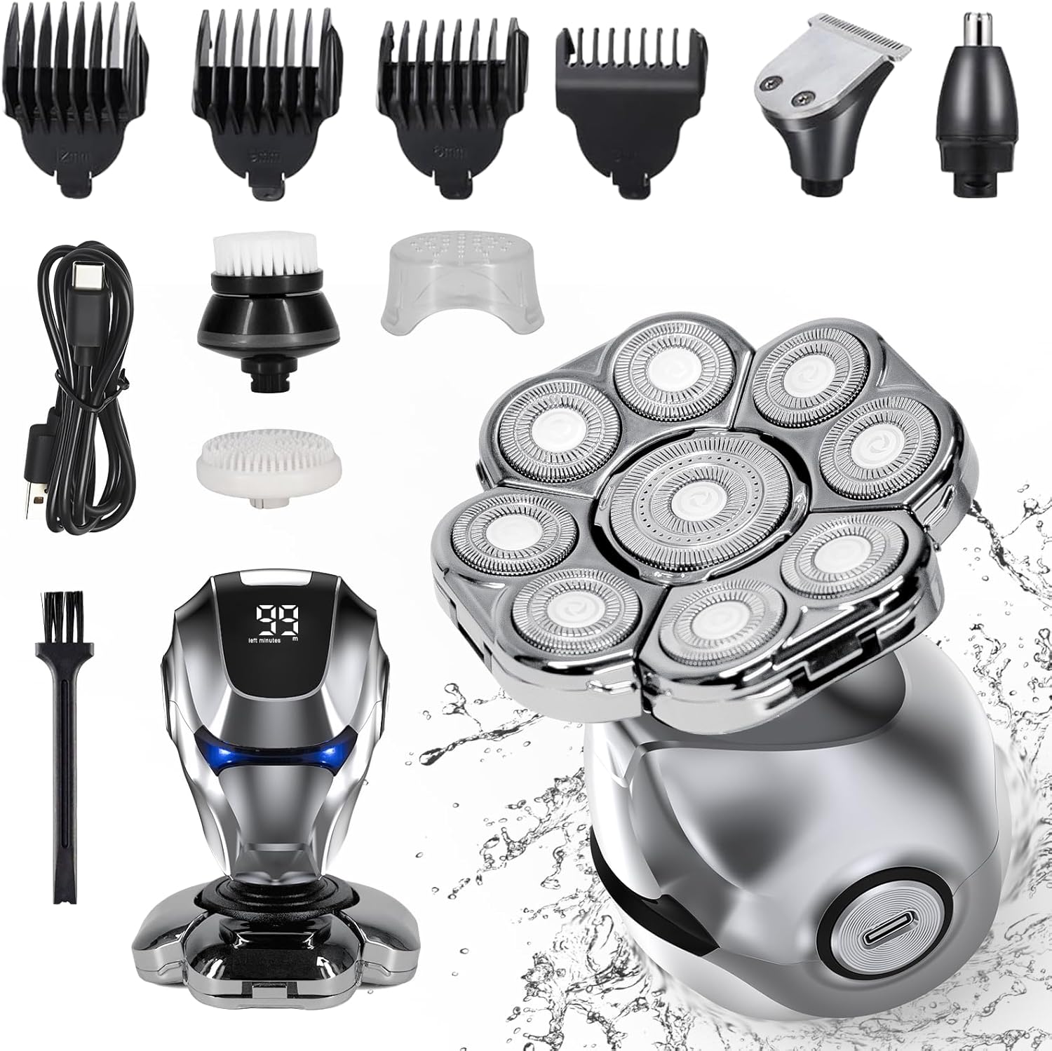 9D Head Shaver for Bald Men, 5-in-1 Multifunctional Floating Bald Head Shaver for Men, LED Display, Rechargeable Electric Shaver with Type-C Charging, Detachable Head Shaver, Ideal Gift for Men