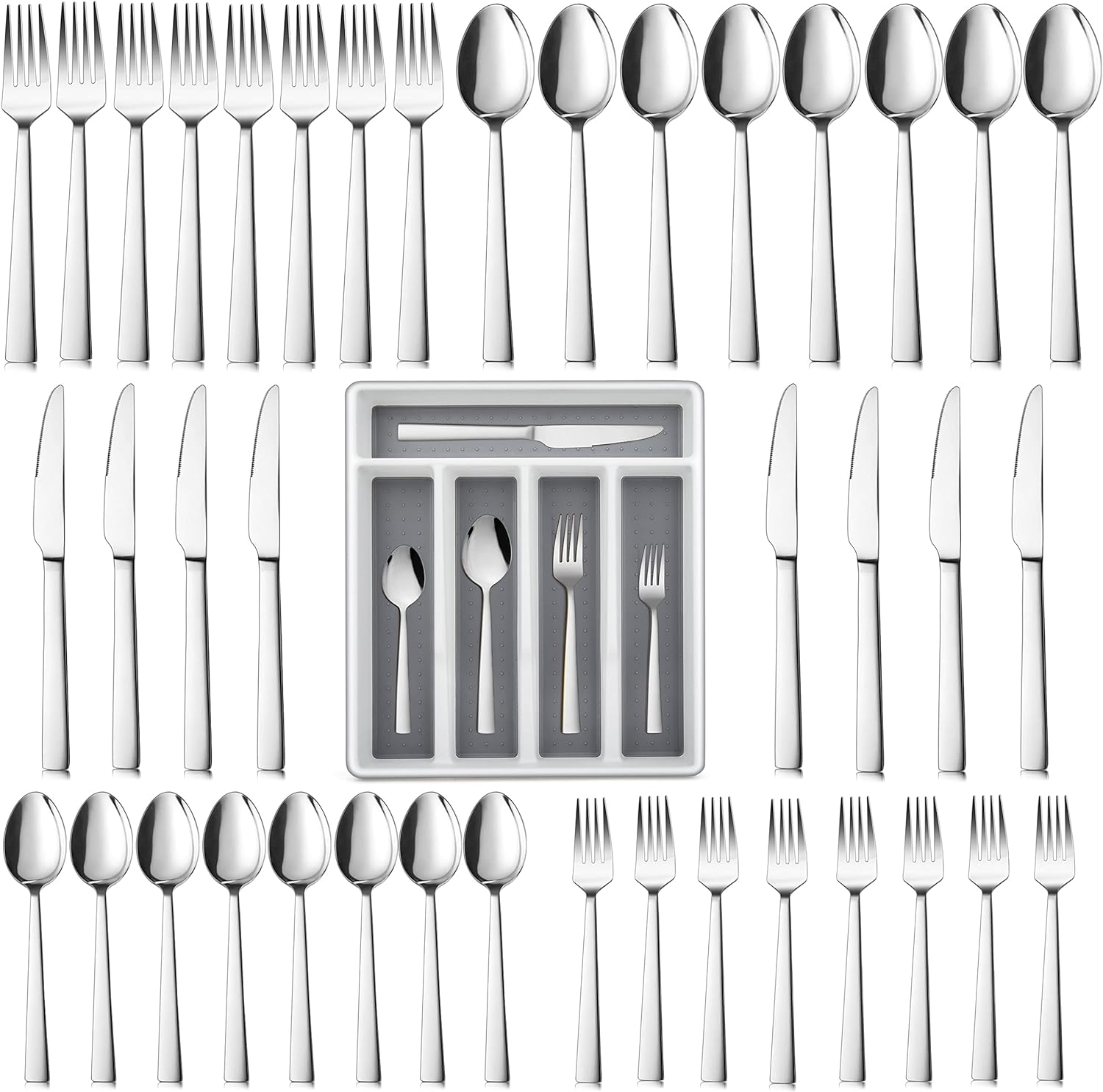 LIANYU 40-Piece Silverware Set with Organizer Tray, Stainless Steel Square Flatware Cutlery Set for 8, Tableware Eating Utensils for Home Restaurant, Dishwasher Safe, Mirror Finished