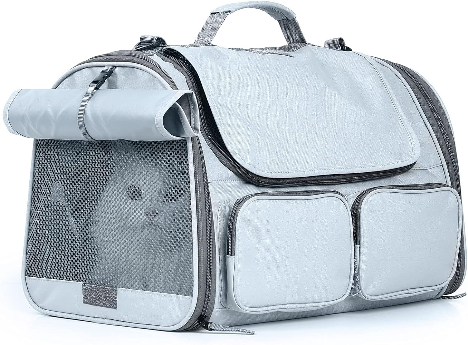 FUKUMARU Cat Carrier, Soft-Sided Small Dog Carrier, Large Cat Travel Bag with 4 Mesh Windows, Under 30 lb Airline Approved Pet Carrier with 4 Storage Pockets, Rollable Cover for Nervous Cats, Grey