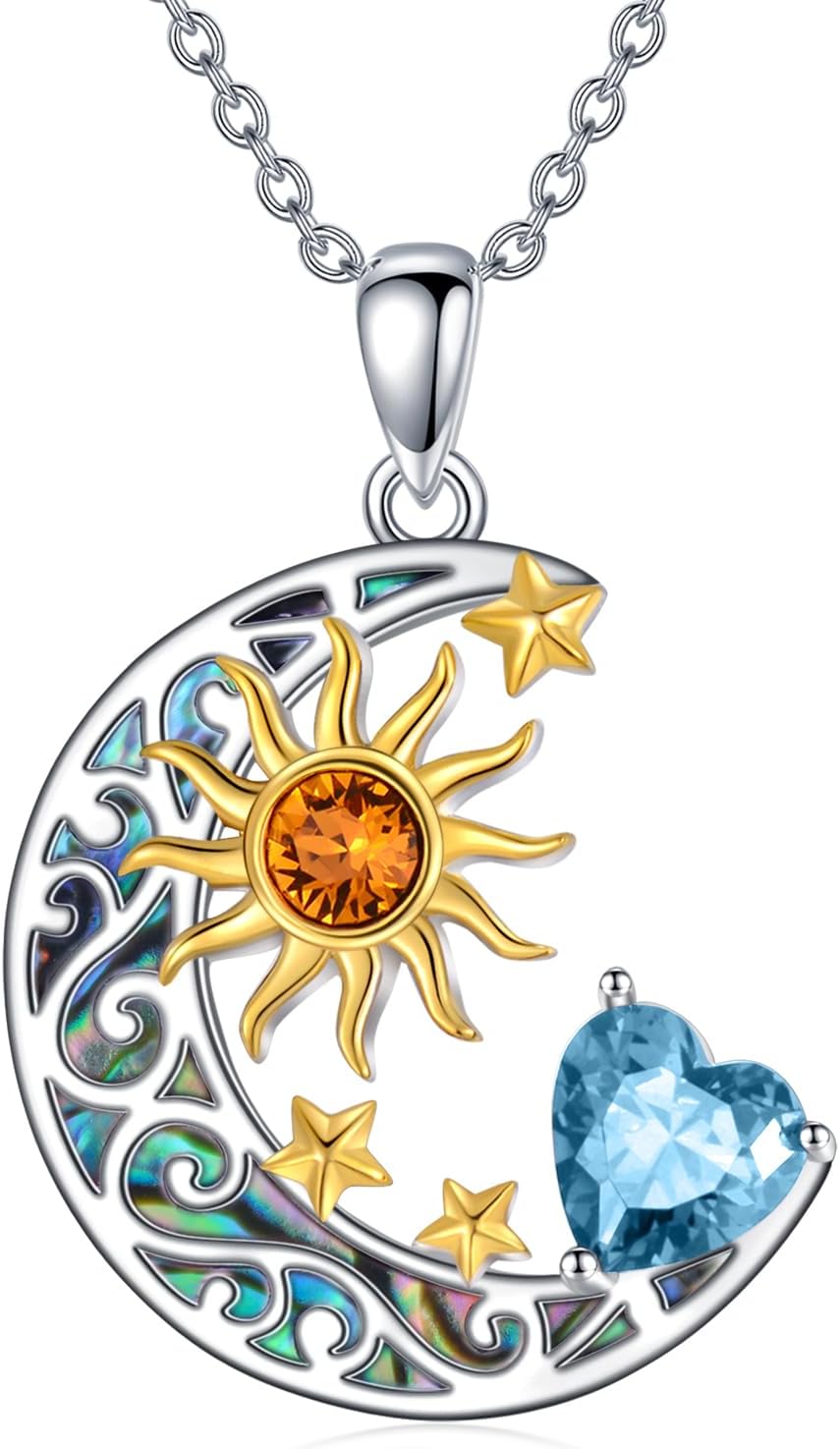 AOBOCO 925 Sterling Silver Sun and Moon Star Pendant Necklace with Simulated Birthstone, Birthday Christmas Jewelry Gift for Women Teen Girls