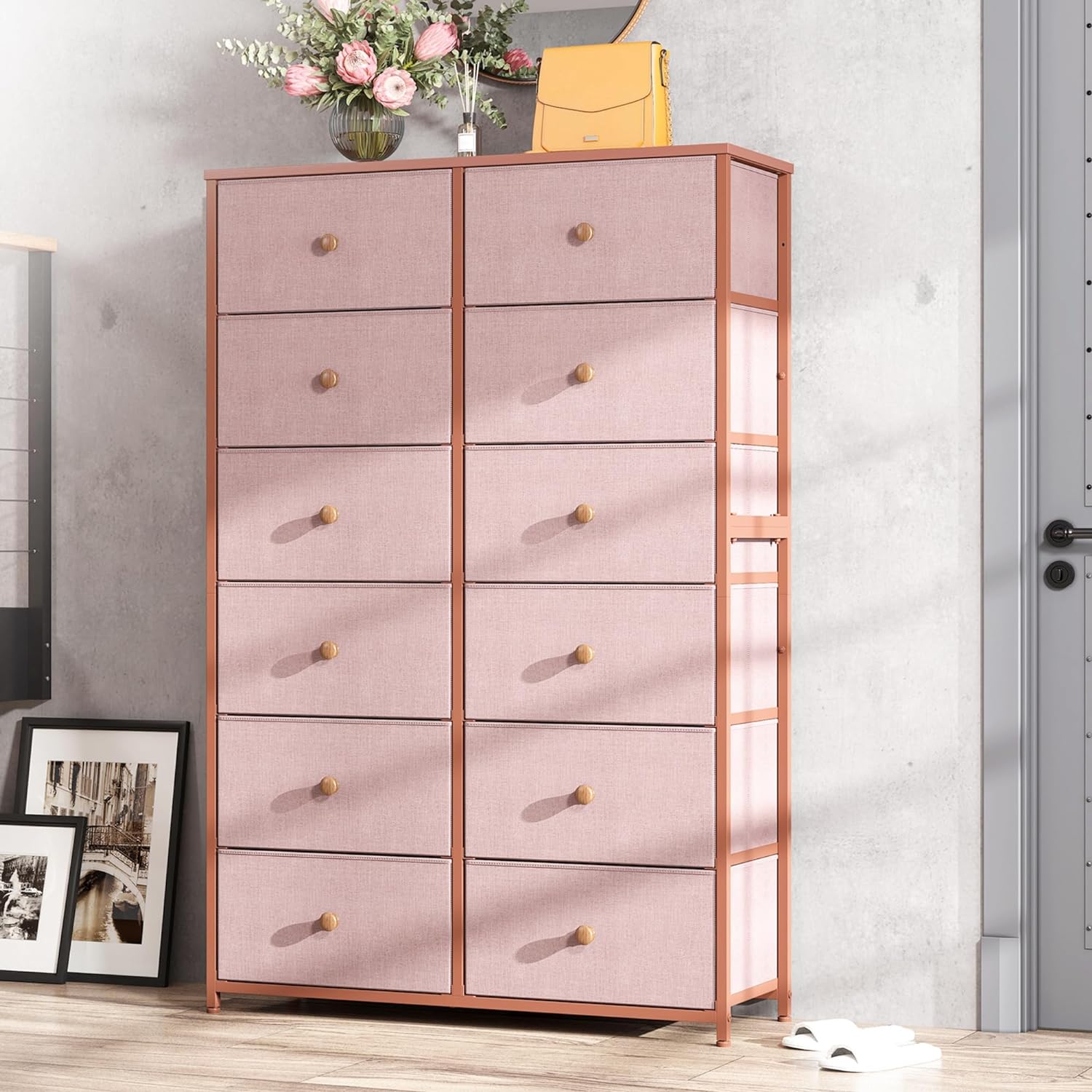 EnHomee+Pink+Dresser%2c+Dresser+for+Bedroom+with+12+Drawers%2c+Tall+Dressers+%26+Chests+of+Drawers%2c+Large+Fabric+Dresser+for+Bedroom%2c+Sturdy+Metal+Frame+%26+Wood+Top%2c+Easy+Assembly%2c+Closet%2c+Living+Room