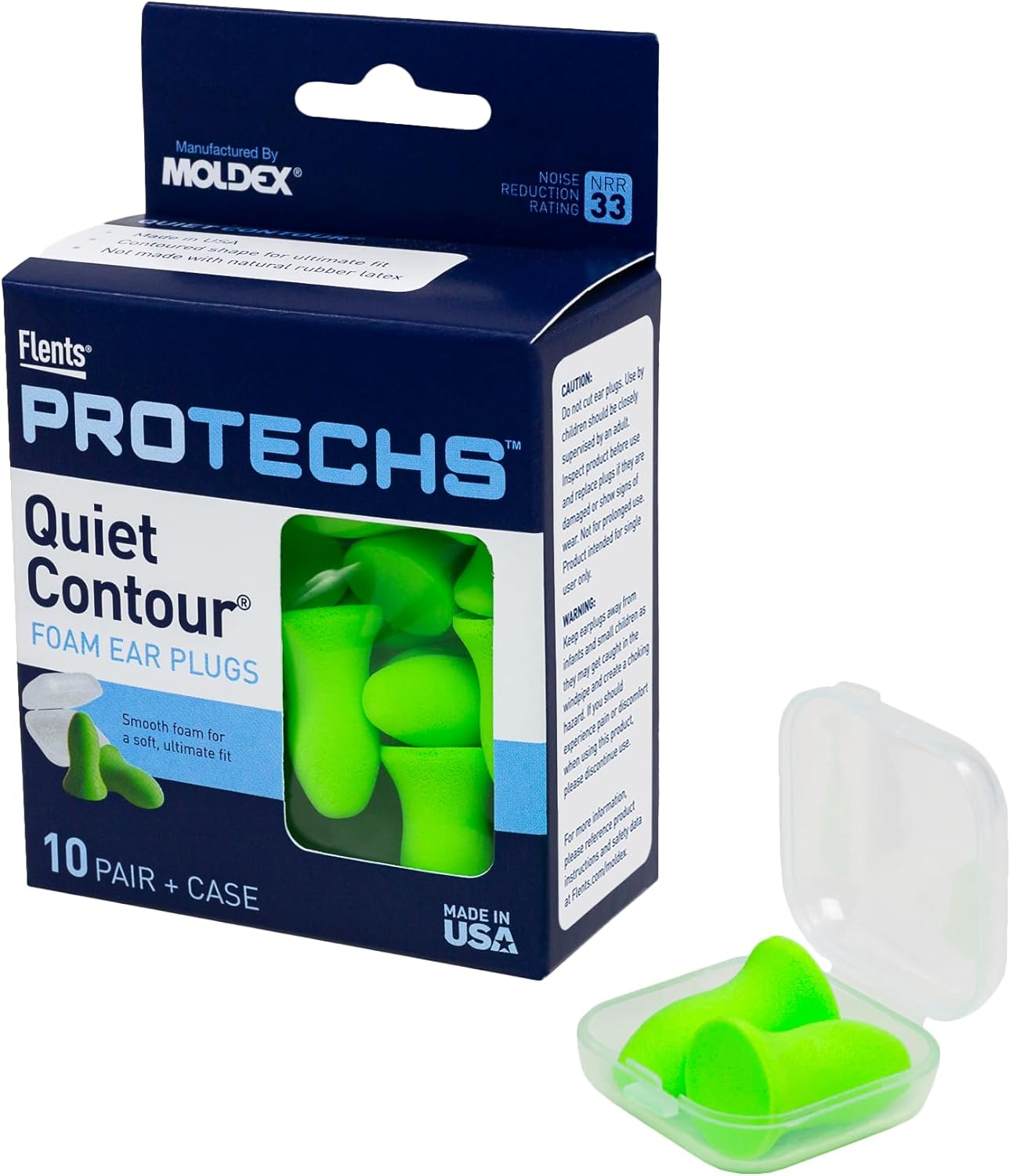 Flents Foam Ear Plugs, 10 Pair with Case for Sleeping, Snoring, Loud Noise, Traveling, Concerts, Construction, & Studying, NRR 33, Green, Made in the USA