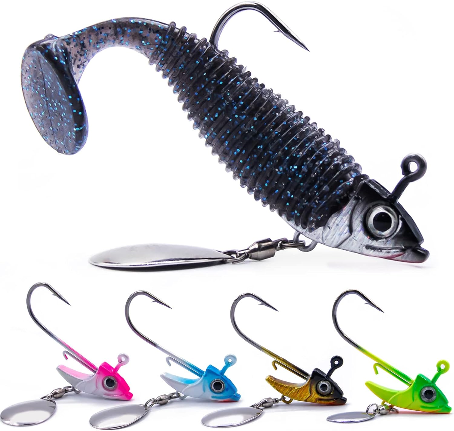 Underspin Jig Heads Hooks - 1/4 oz,3/8 oz,1/2 oz Swimbait Jig Head with Spinner Blade for Fishing Saltwater Freshwater 5pcs