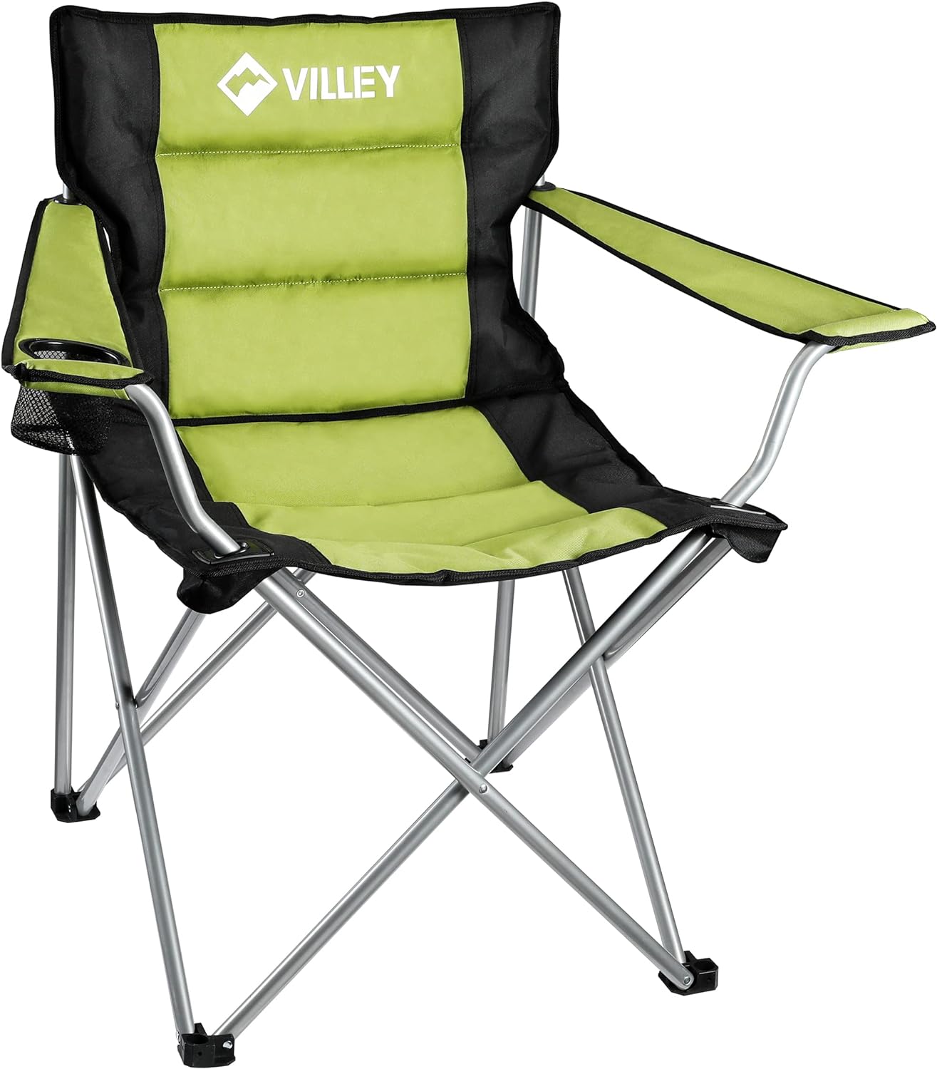 VILLEY Camping Chairs, Padded Folding Chair, Outdoor Portable High Camp Chair, Foldable Outside Arm Chair with Cup Holder & Carry Bag, Green