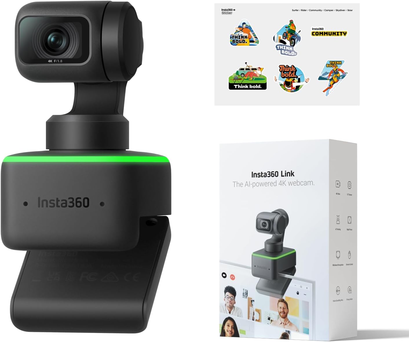 Insta360 Link Official Sticker Kit - PTZ 4K Webcam with 1/2" Sensor, AI Tracking, Gesture Control, HDR, Noise-Canceling Microphones, Specialized Modes, Webcam, Live Streaming, Zoom Certified