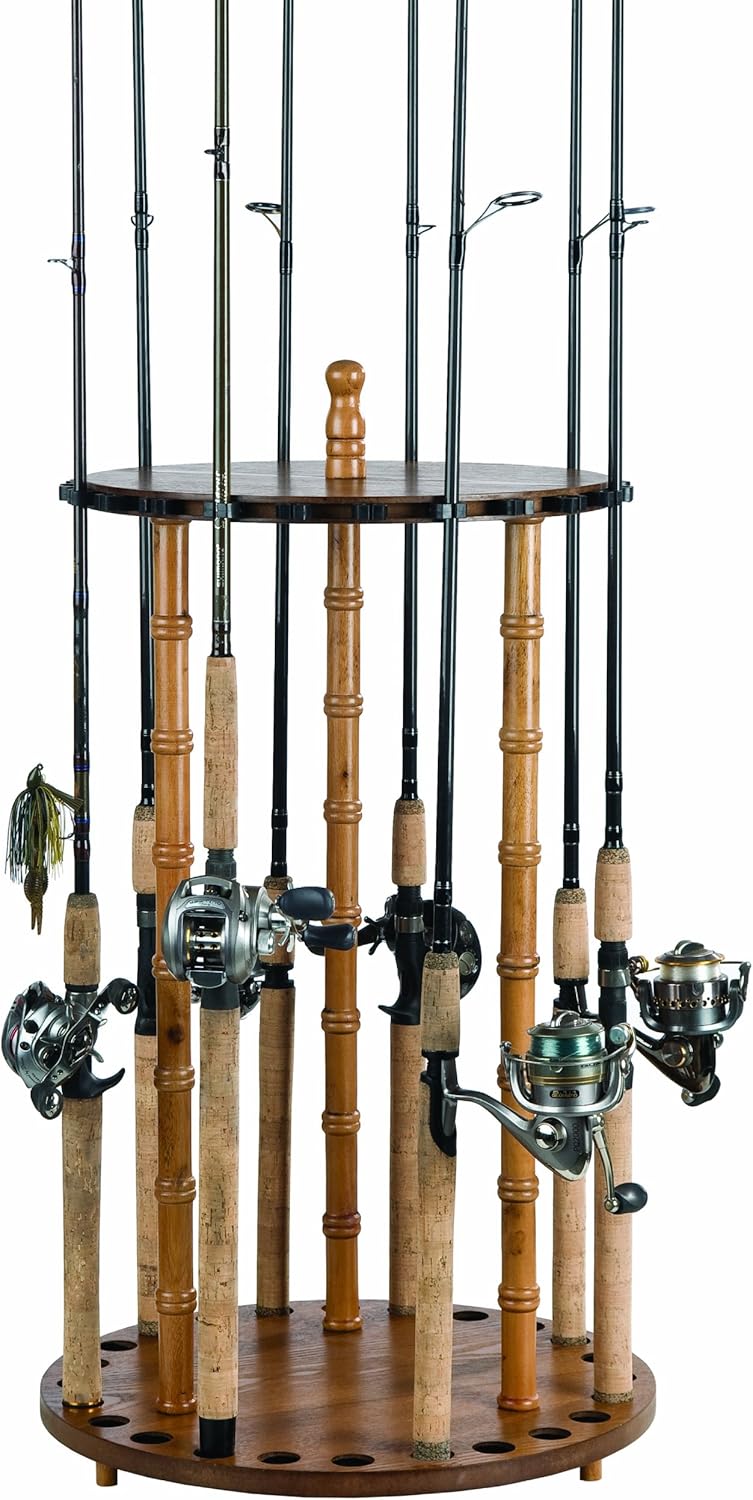 Organized Fishing Round Floor Rack for Fishing Rod Storage, Holds up to 24 Fishing Rods, Oak Finish, MRR-030/OAK