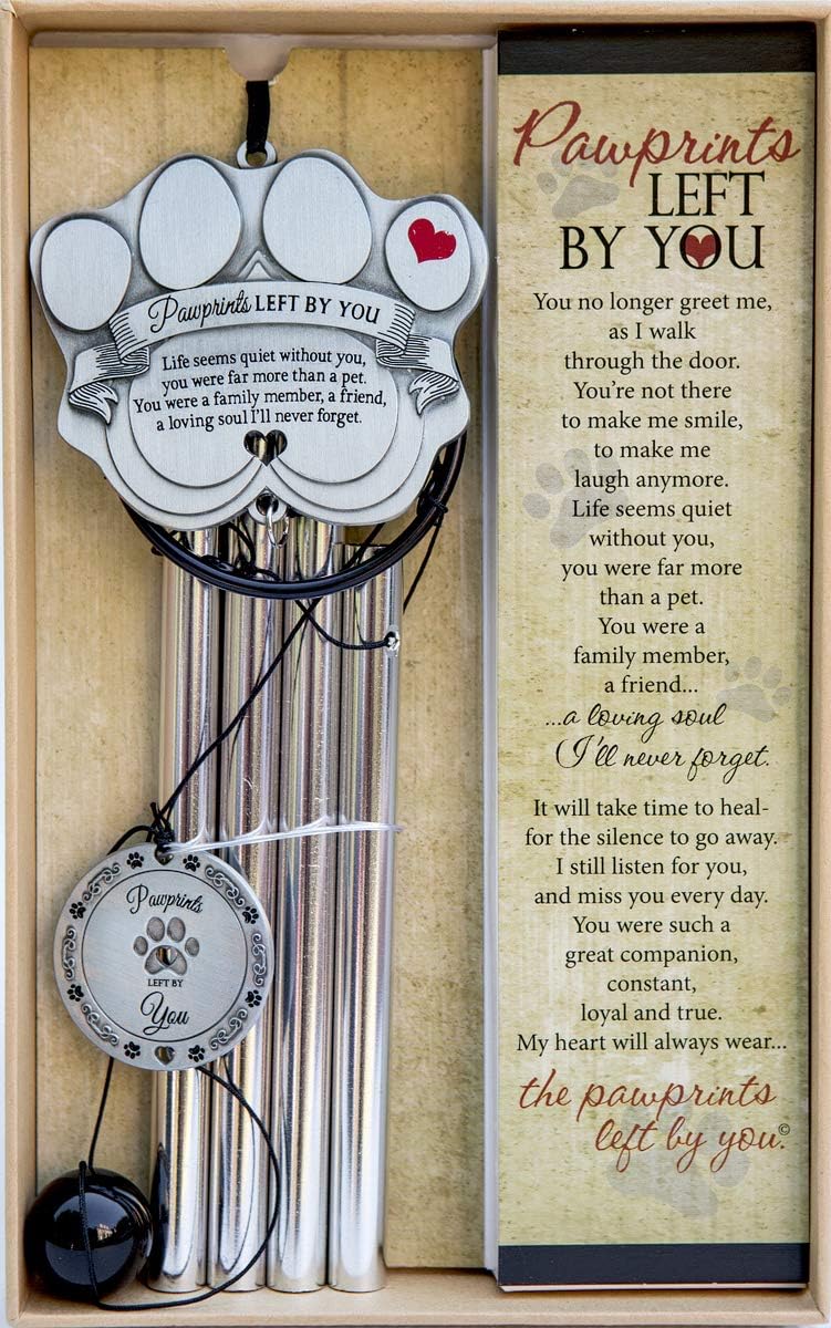 Pet Memorial Wind Chime - 18 Metal Casted Pawprint Wind Chime - A Beautiful Remembrance Gift for a Grieving Pet Owner - includes Pawprints Left by You Poem Card