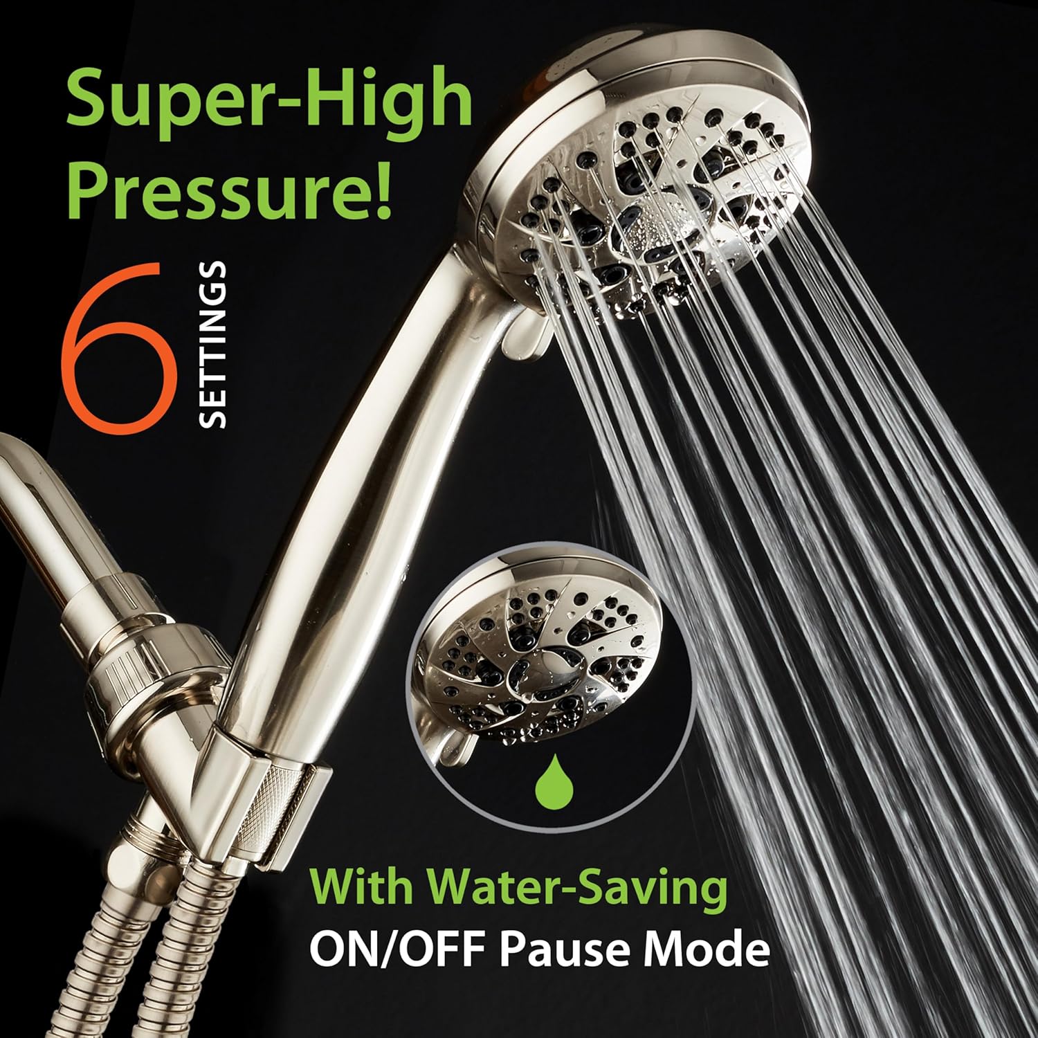 AquaDance High Pressure 6-Setting Full Brushed Nickel Handheld Shower Head with Stainless Steel Hose. Officially Independently Tested to Meet Strict US Quality & Performance Standards!