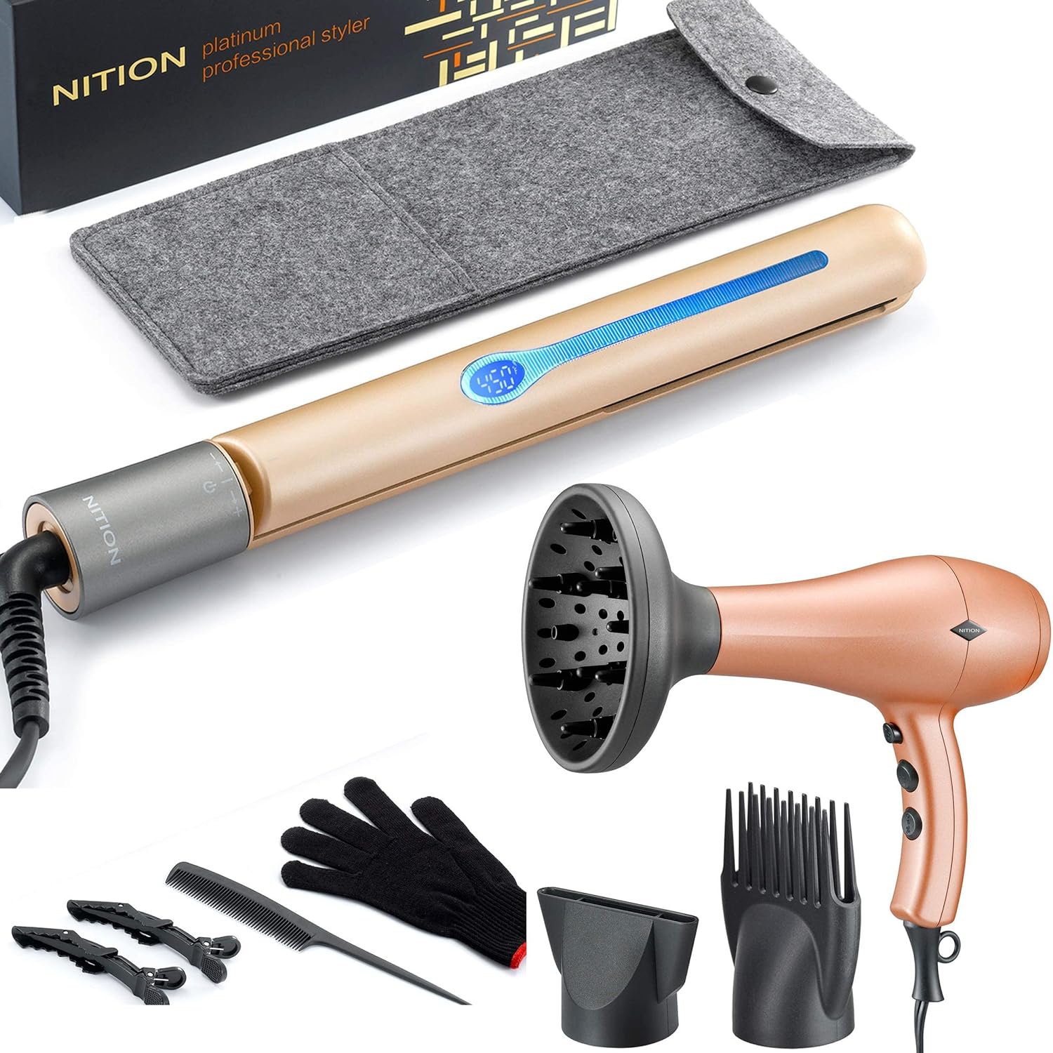 NITION Pro Salon Hair Flat Iron Styling Tool Hair Straightener and Hair Dryer with Diffuser/Comb Set