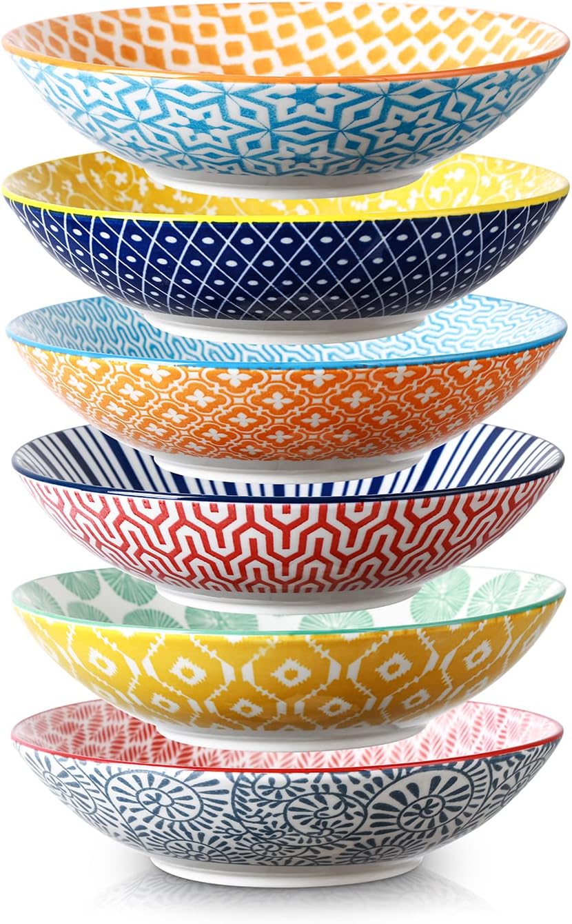 Selamica Ceramic 30oz Large Pasta Salad Bowls 8 Inch Wide and Shallow Soup Bowls, Stackable, Microwave and Oven Safe, Set Of 6, Assorted Colors