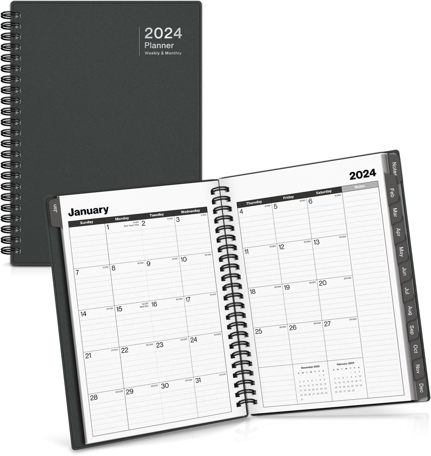 Dunwell Weekly Monthly Planner 2024 (Gray) - 6 x 8.25 Small Planner Notebook, 12 Months Spiral Bound Planner Calendar 2024 with Monthly Tabs and Bookmark, 6 x 8 Daily Schedule Planner