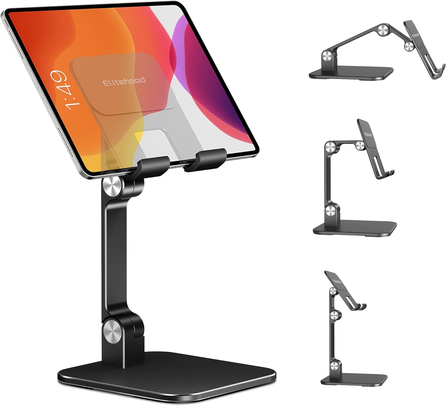 elitehood Aluminum iPad Stand for Desk [Ultra-Stable & Sturdy], Height Adjustable Tablet Stand, Portable Stand Holder Dock for Home Office, Compatible with iPad Pro 12.9, iPad Air Mini 6 5 4 3, Black