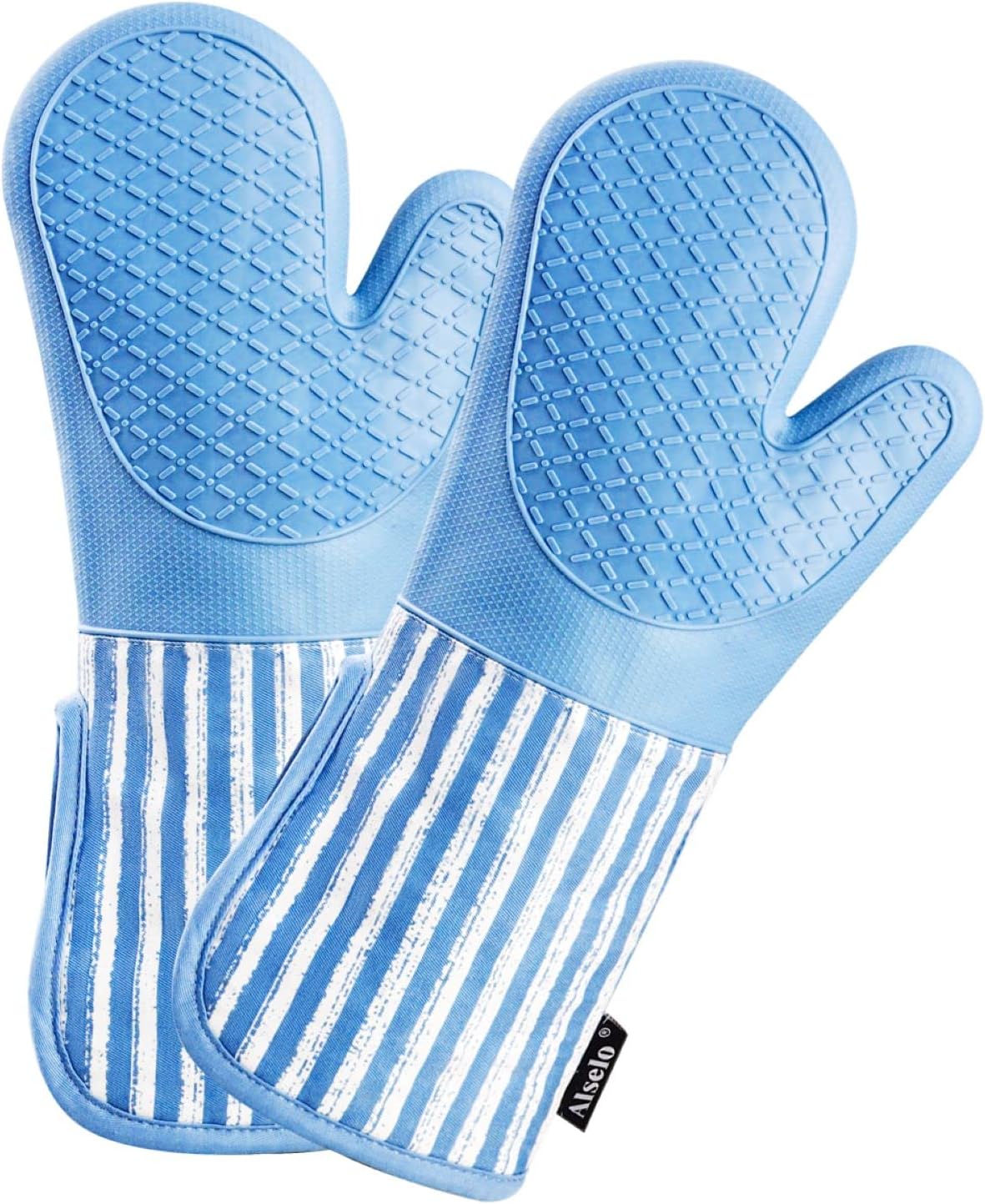 Silicone Oven Mitts Heat Resistant 932 with Waterproof & Non-Slip Kitchen Mittens, Set of 2 Extra Long Oven Gloves with Soft Cotton Terry Lining for Baking Cooking Barbecue (2, Blue Mitts)